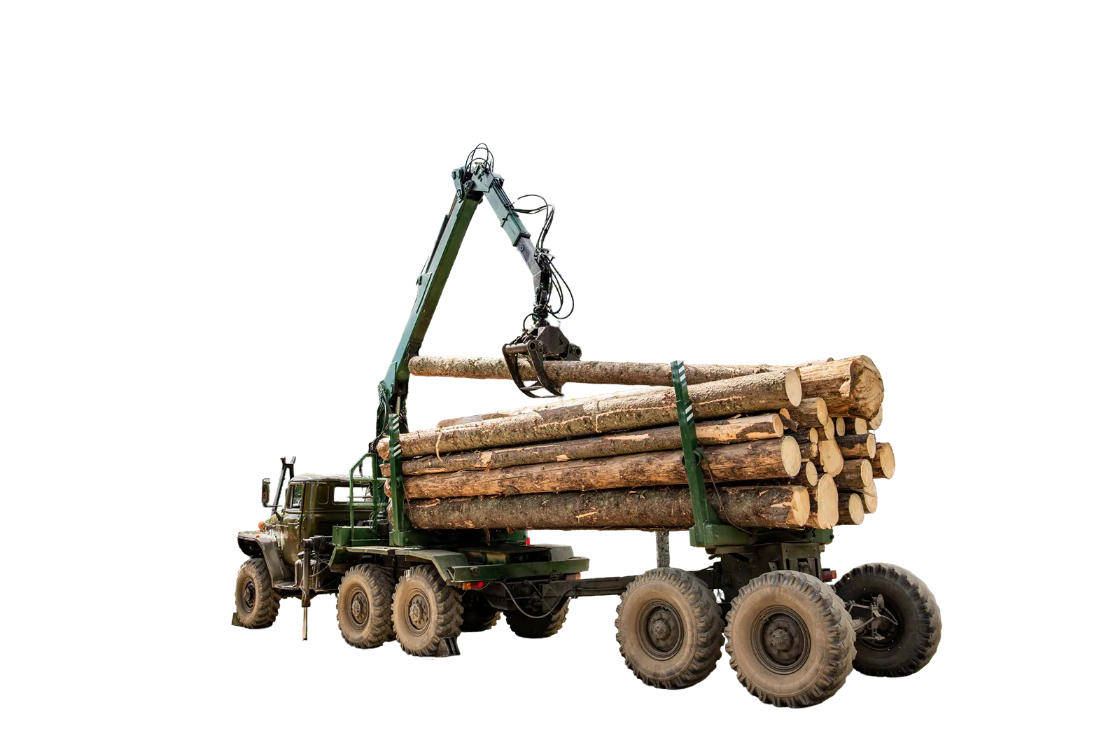 Forestry log truck with a hydraulic crane