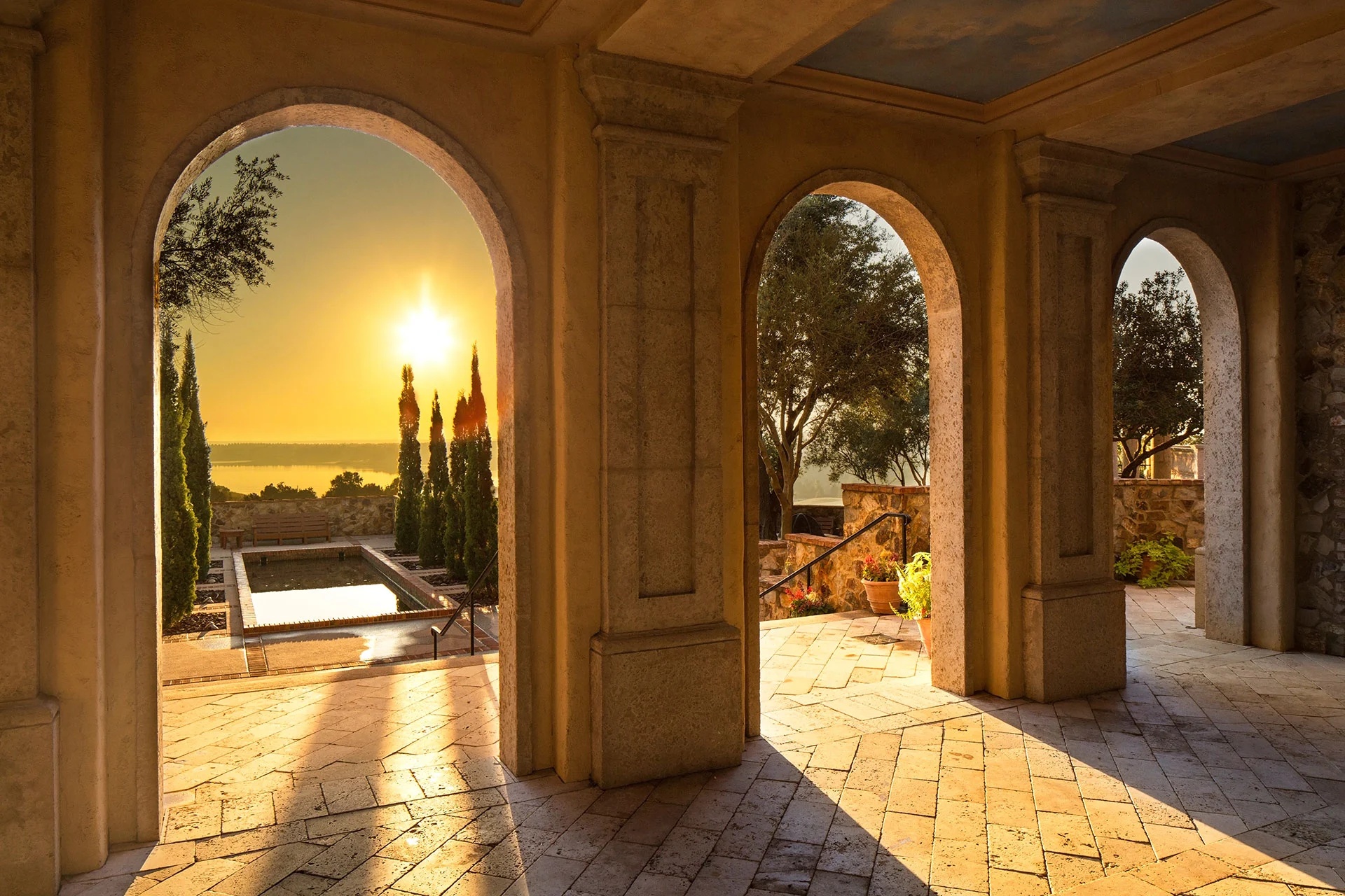 The atrium in Bella Collina during a beautiful sunset.