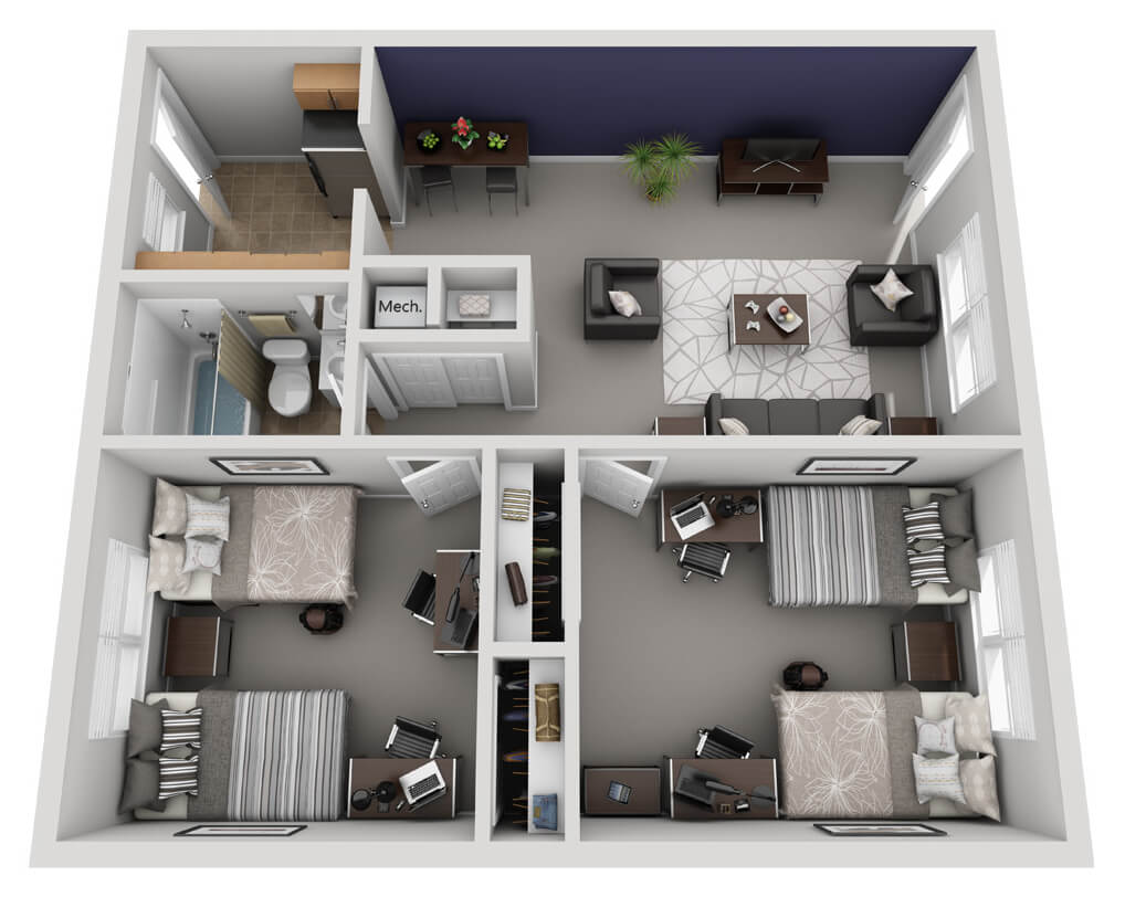 2 Bed, 1 Bath B floor plan layout