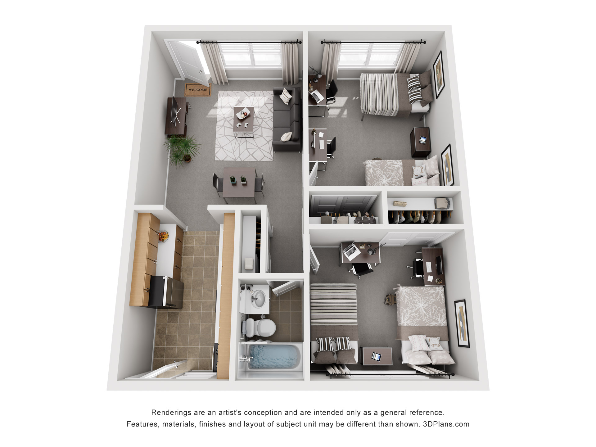 2 Bed, 1 Bath B floor plan layout