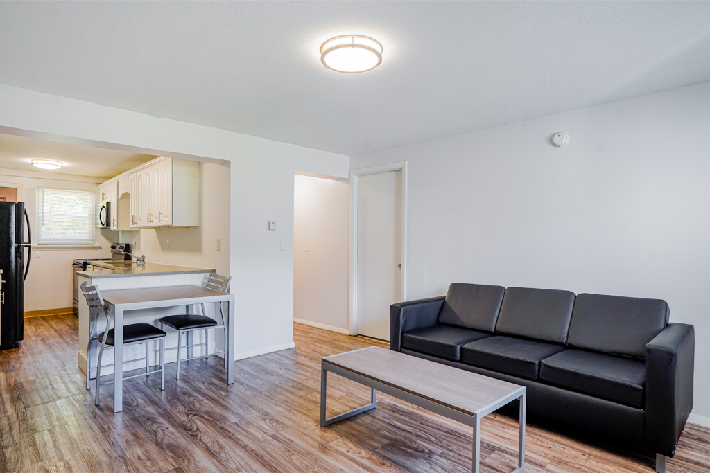 Modern living room at The Den in Willington, CT, featuring a a leather sofa, coffee table, view of the dining area with table and chairs and view of kitchen with black appliances