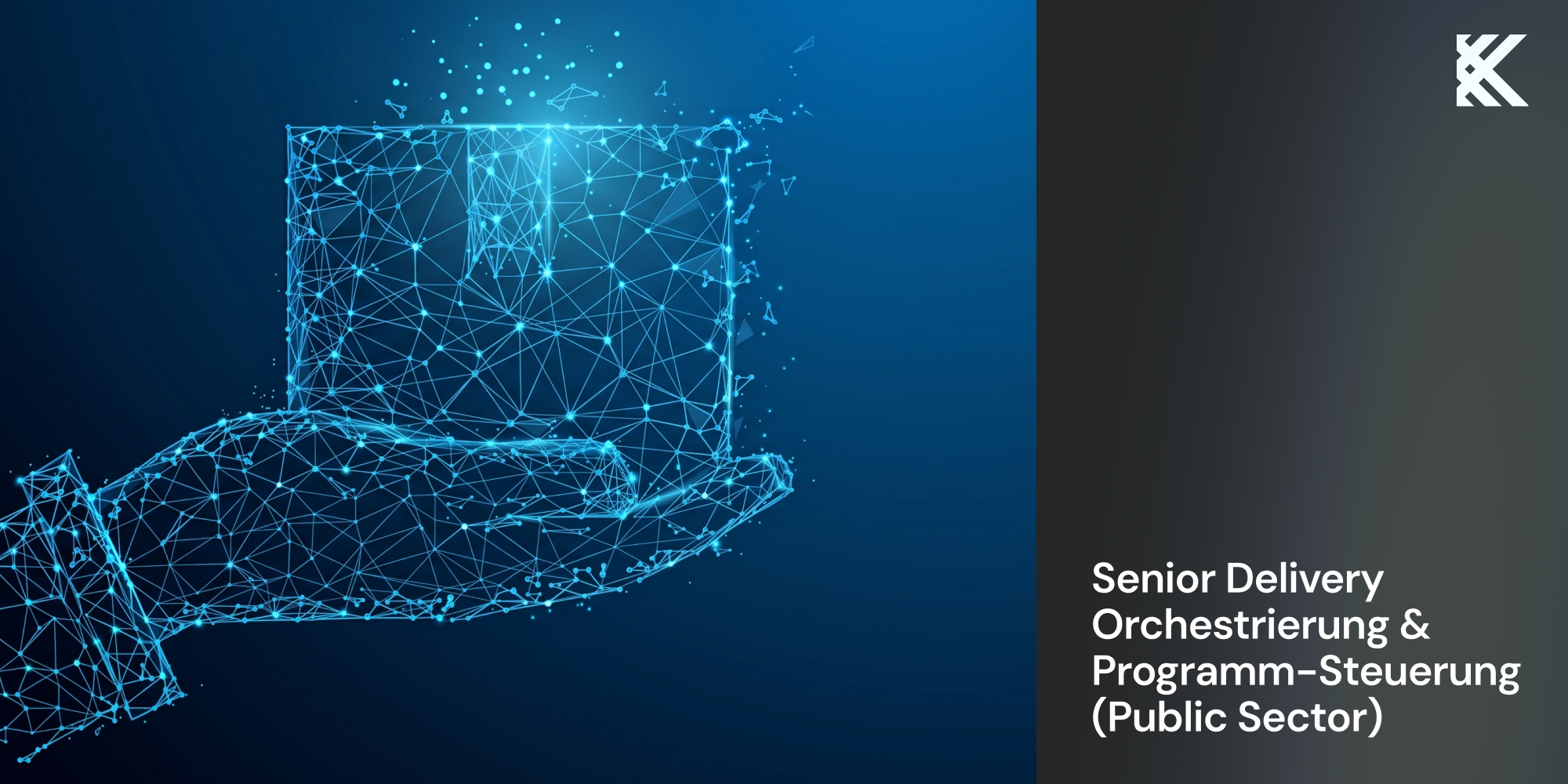 Leuchtende digitale Hand mit Datenwürfel, Titelbild Senior Delivery Orchestrierung & Programm-Steuerung (Public Sector)