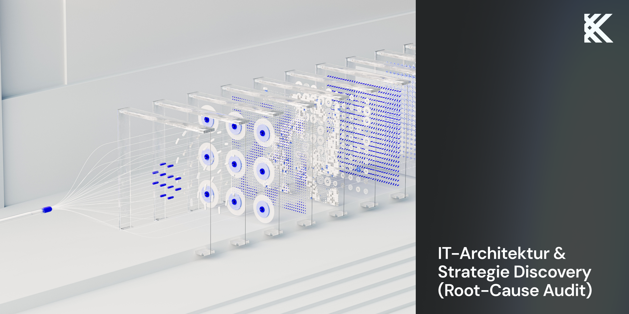 Abstrakte Darstellung geschichteter Architekturebenen, Titelbild IT-Architektur & Strategie Discovery (Root-Cause Audit)