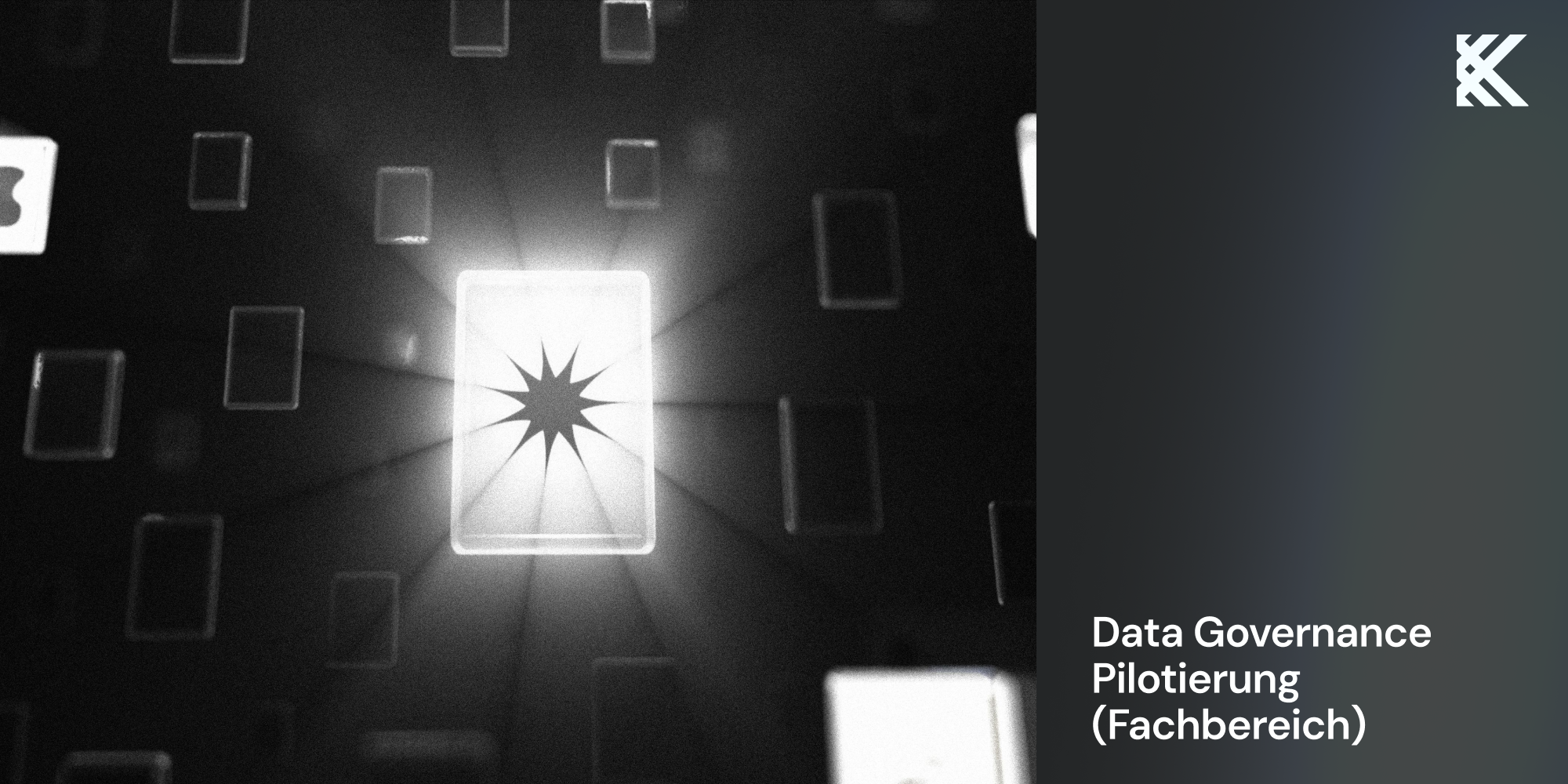 Leuchtende Datenkachel inmitten schwebender Dokumente, Titelbild Data Governance Pilotierung (Fachbereich)