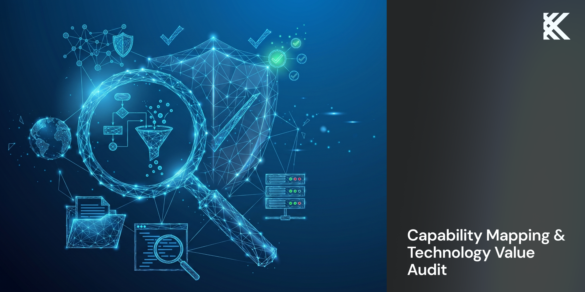 Digitale Lupe mit Schutzschild und Datensymbolen, Titelbild Capability Mapping & Technology Value Audit