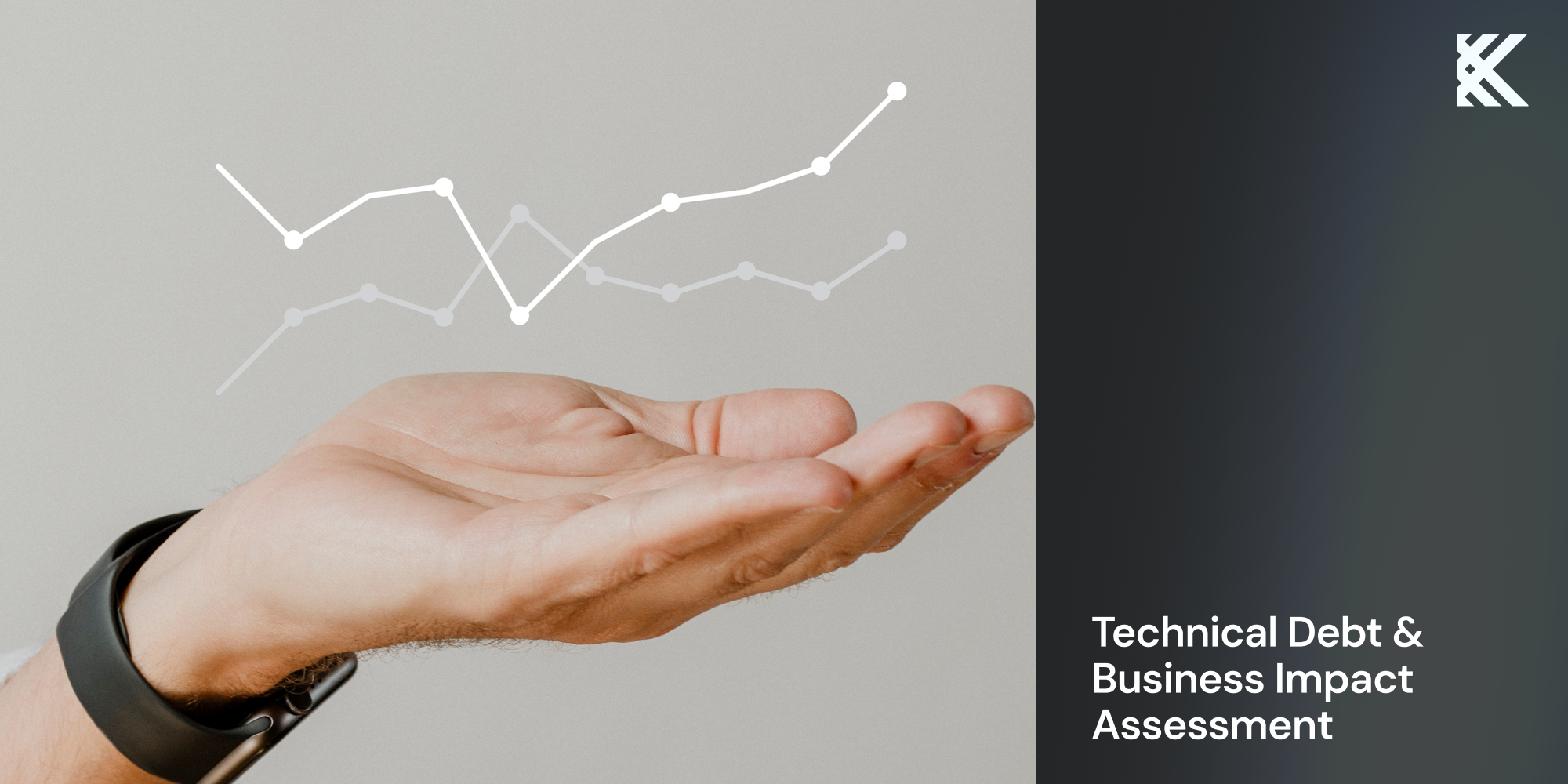 Offene Hand unter einem schwankenden Liniendiagramm, Titelbild Technical Debt & Business Impact Assessment