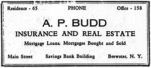 A newspaper ad for A.P. Budd, insurance and real estate, in the 1935 Brewster Standard in Brewster, New York.