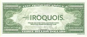 The back of an Iroquois Group $3 billion bill celebrating $3 billion in premium in 2023.
