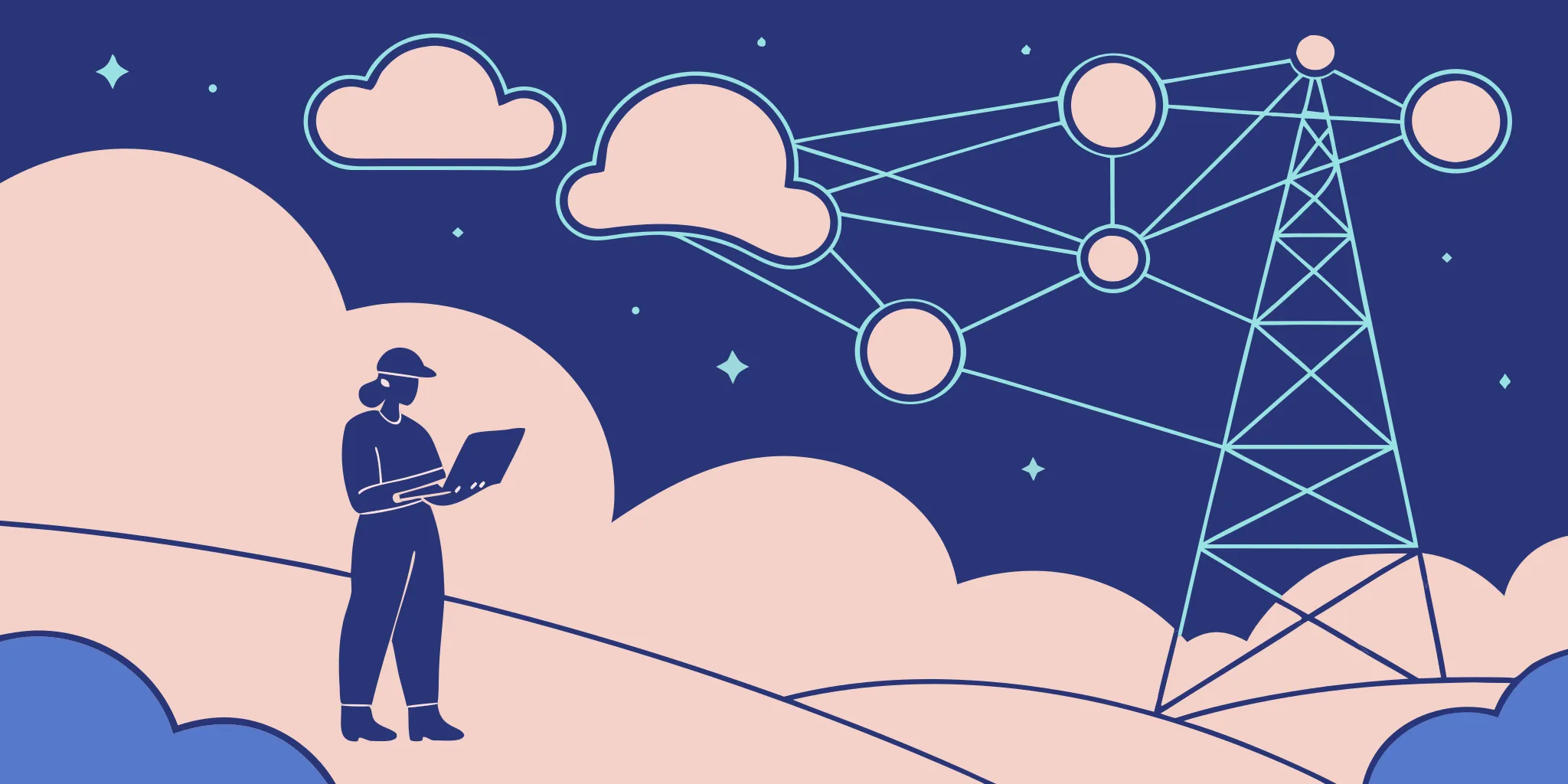 A person managing a cloud data governance and catalog system from a laptop with connected data icons.