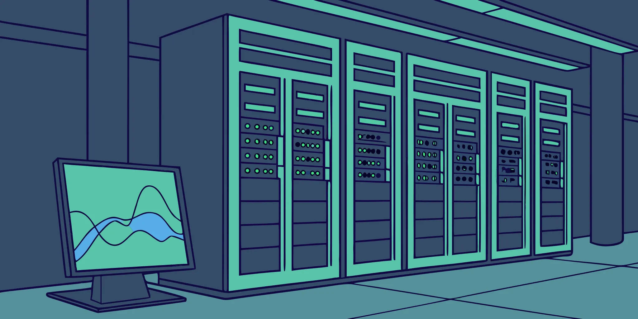 Server room monitor showing performance graphs for a distributed model training workload.