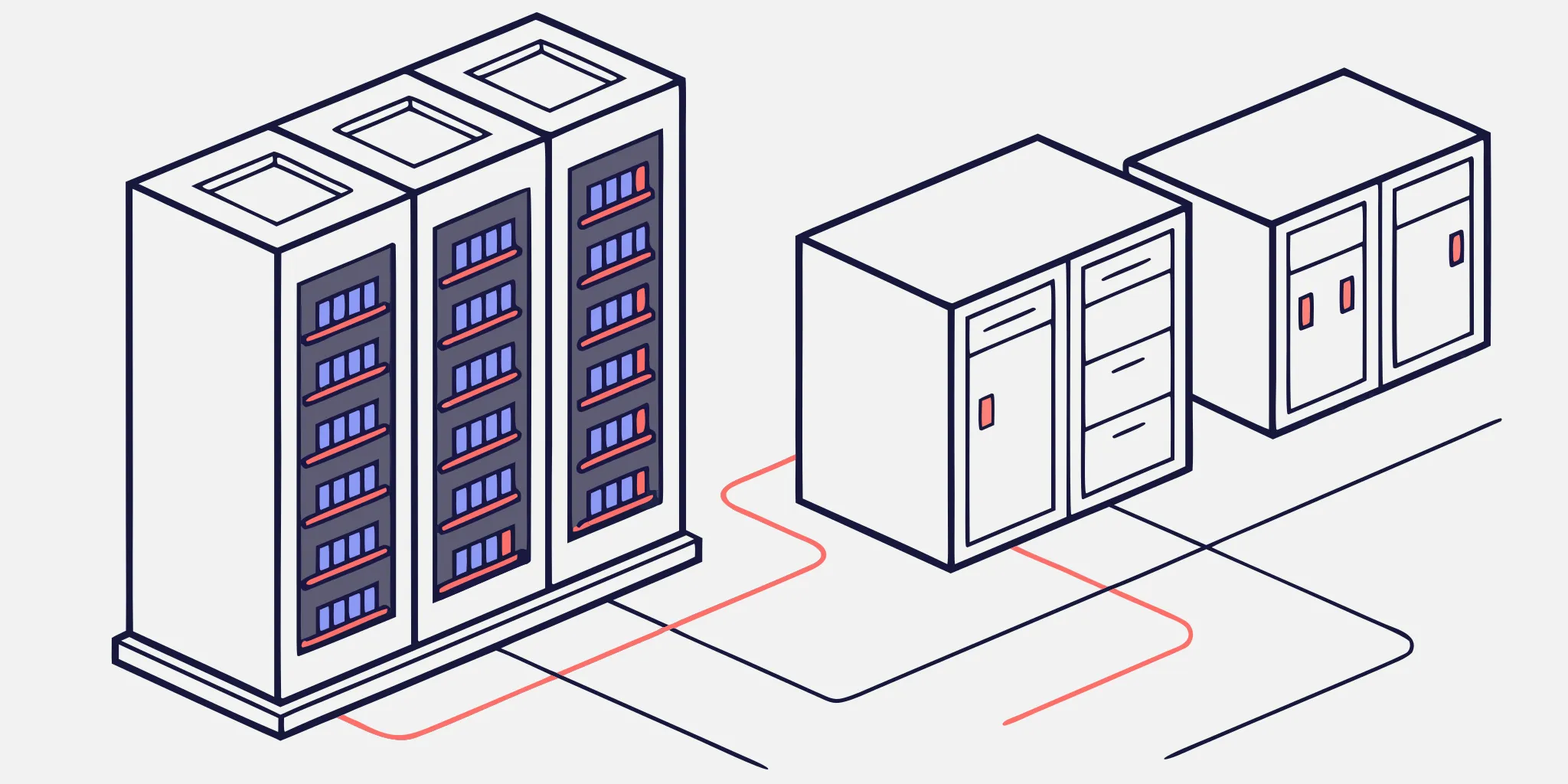 Decentralized data processing architecture with connected servers and storage.