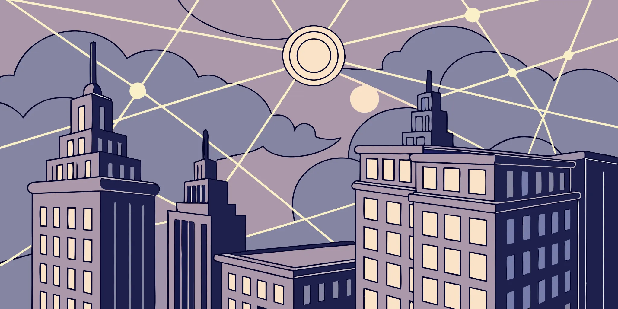 Architecture of distributed computing in cloud computing visualized as a network of nodes over a city.
