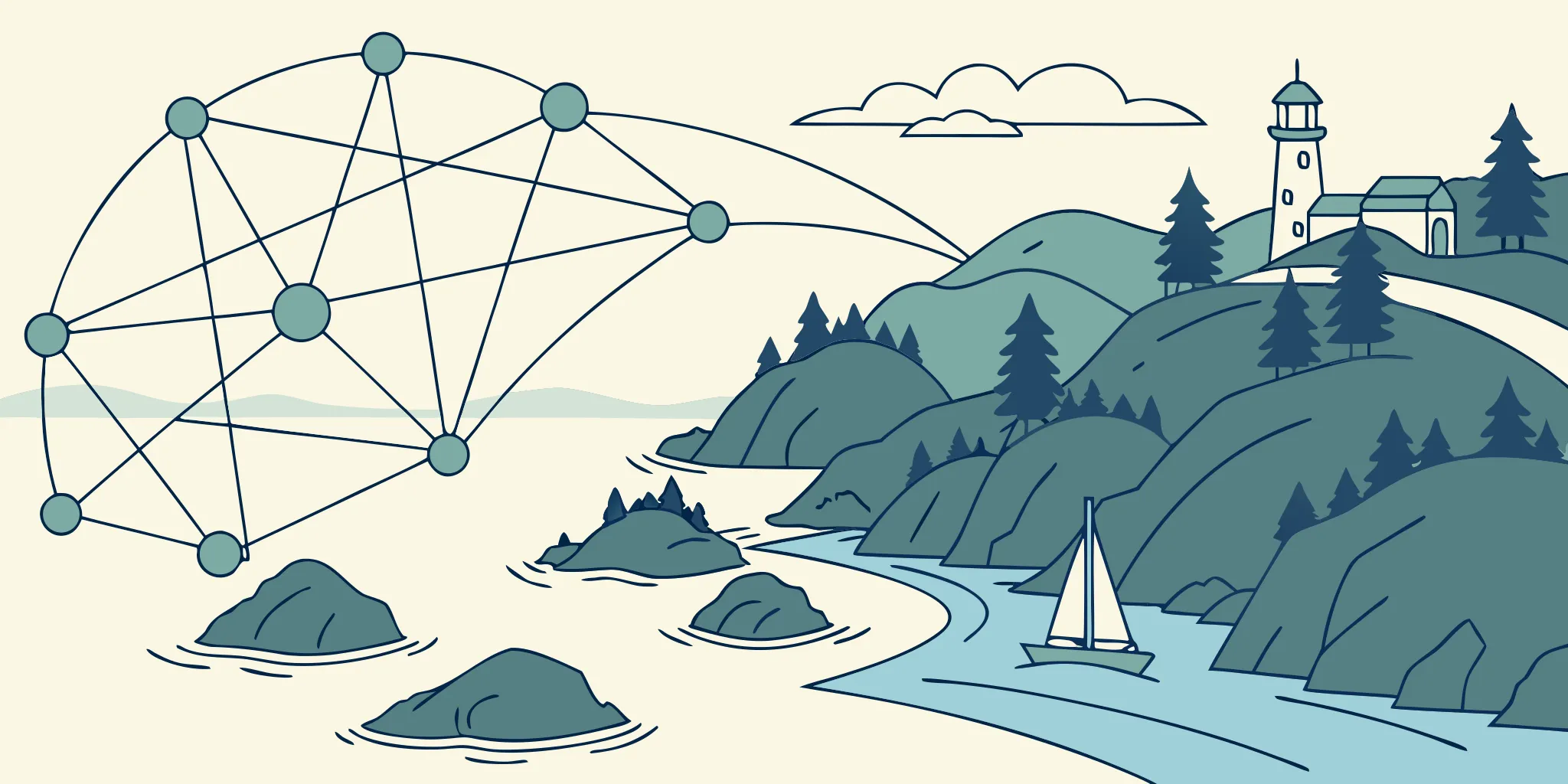 A network of nodes showing the advantages and disadvantages of decentralized data processing.
