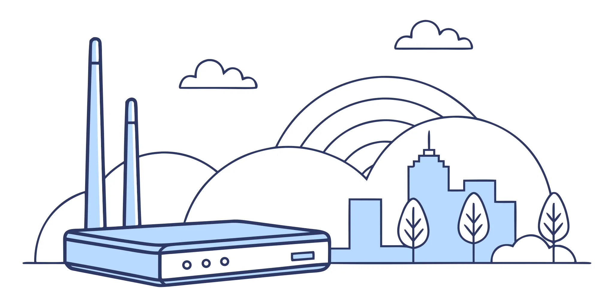 Deploying ML models on edge devices like a Wi-Fi router, with a cityscape in the background.