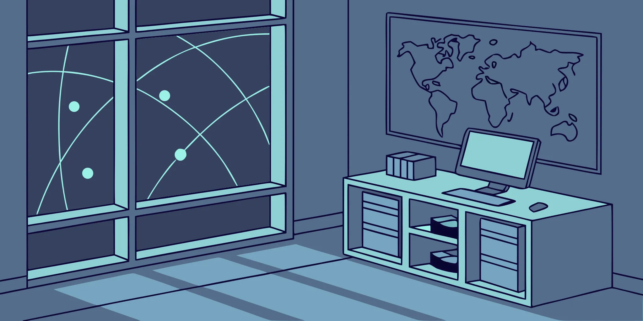 A computer in front of a world map with network connections for the best distributed computing frameworks.