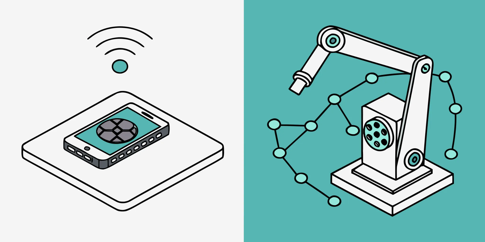 Edge vs cloud inference with a smartphone and robotic arm connected by network nodes.