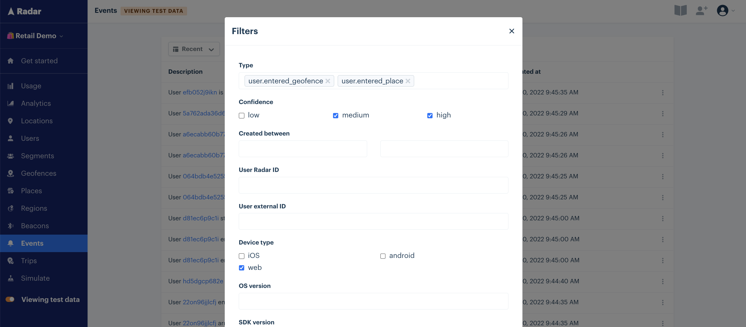 Filters within the Radar dashboard