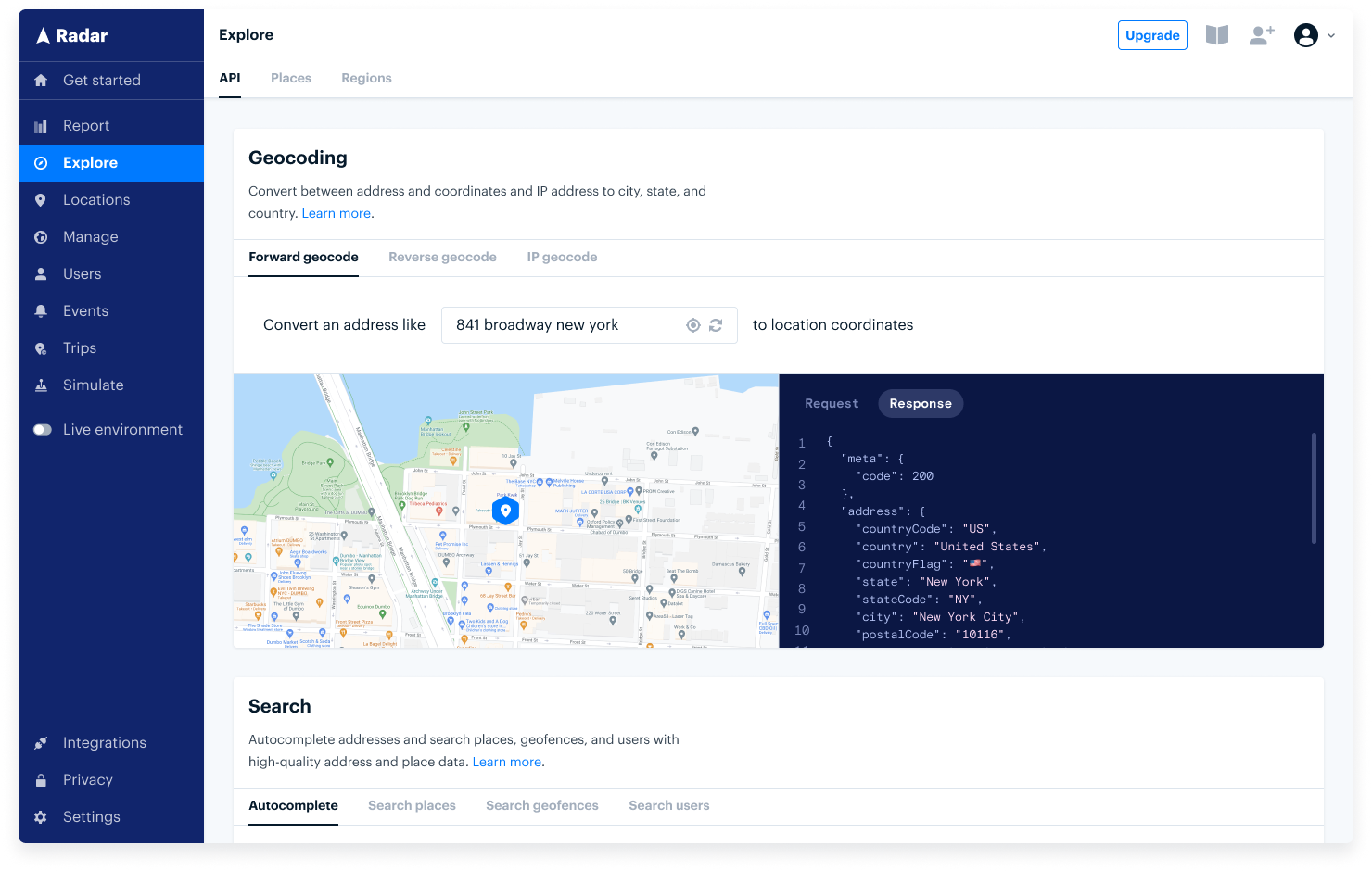Explore page of Radar dashboard