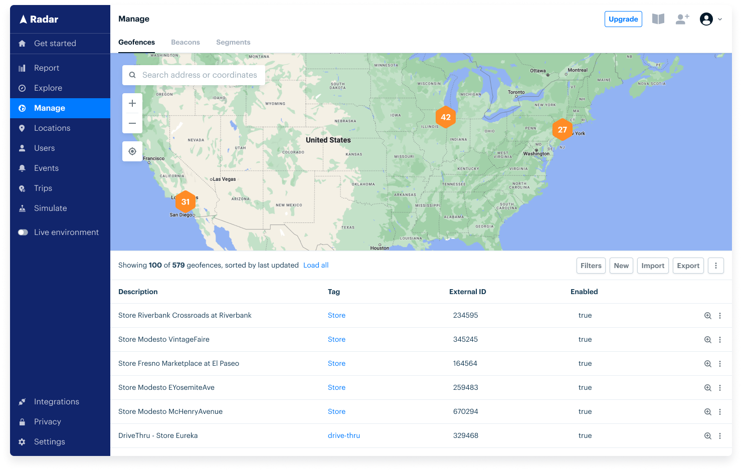 Manage page of Radar dashboard