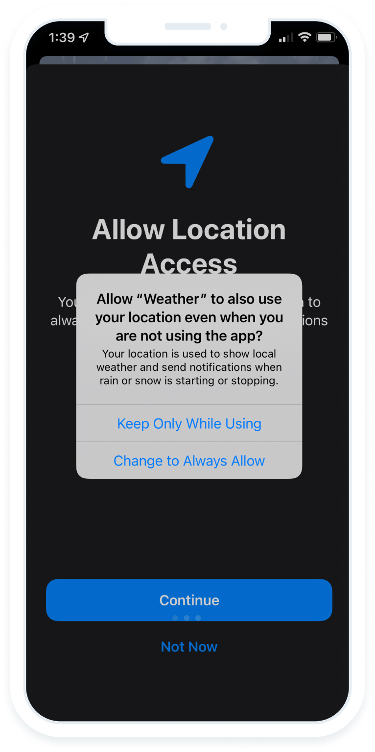 Phone showing iOS location permission enable