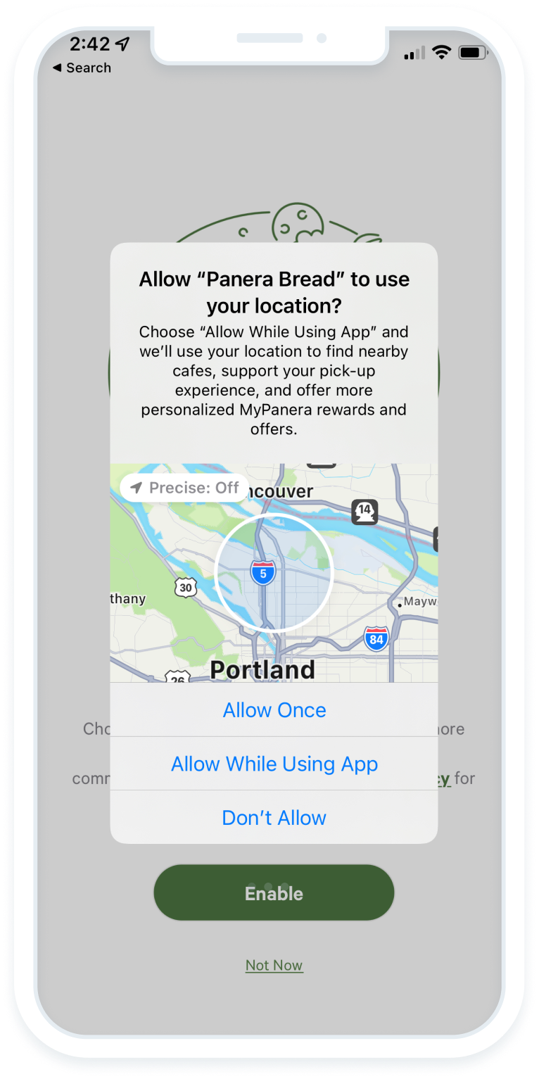 Phone showing Panera location enable