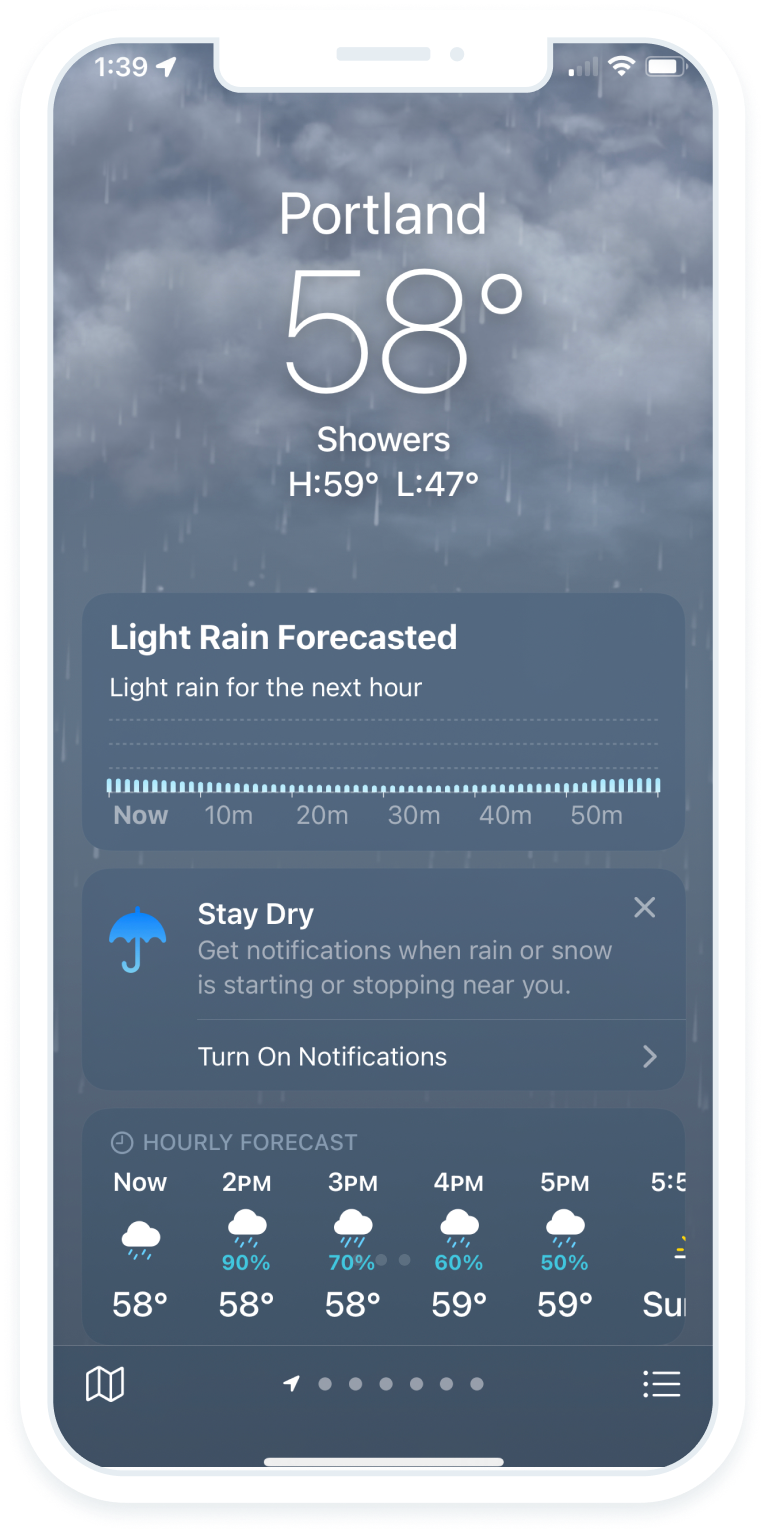 Phone showing iOS weather app