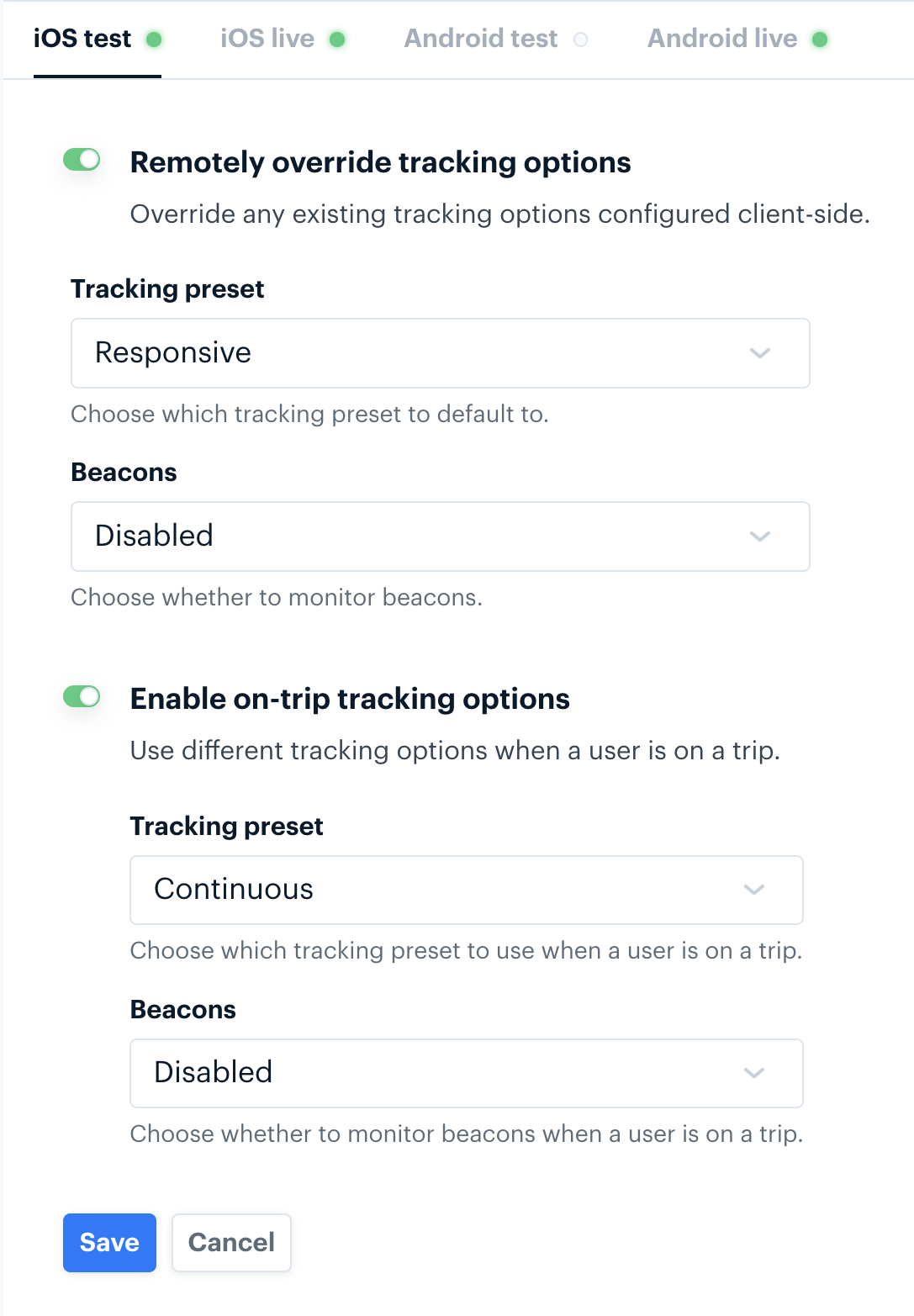 Manage page of Radar dashboard