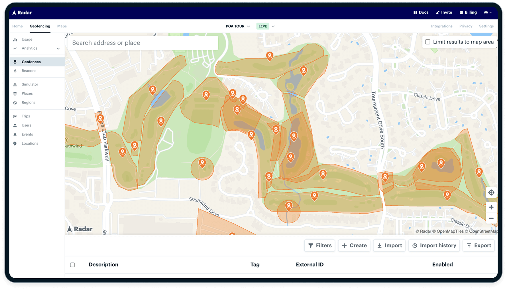 PGA TOUR geofences