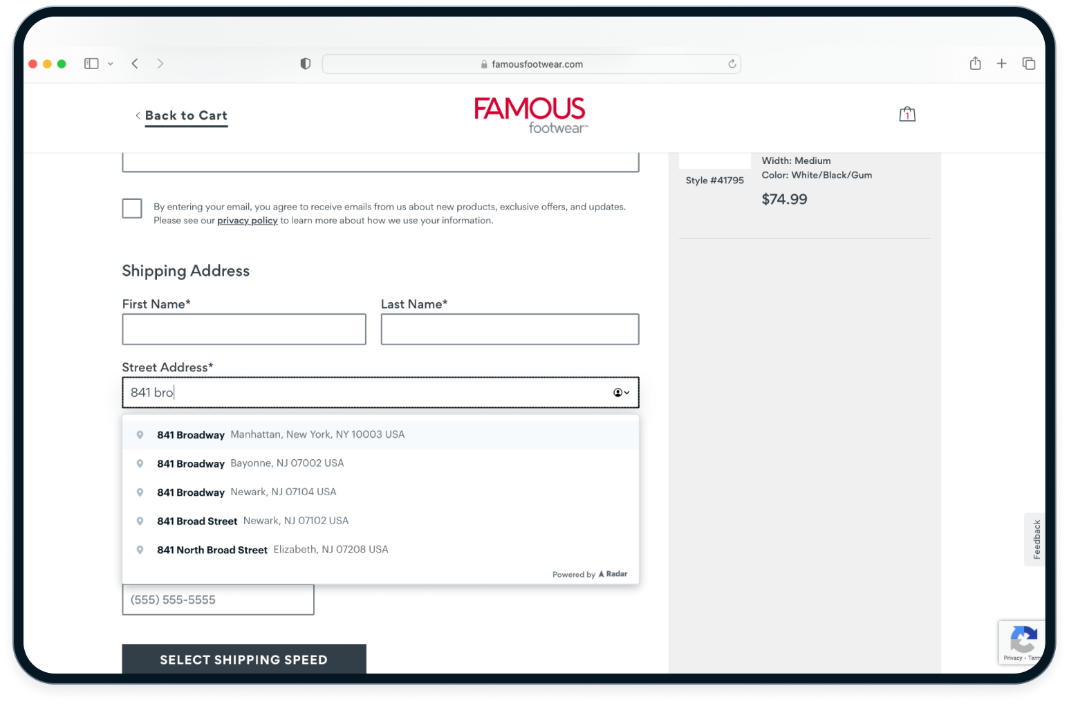 Famous Footwear checkout form