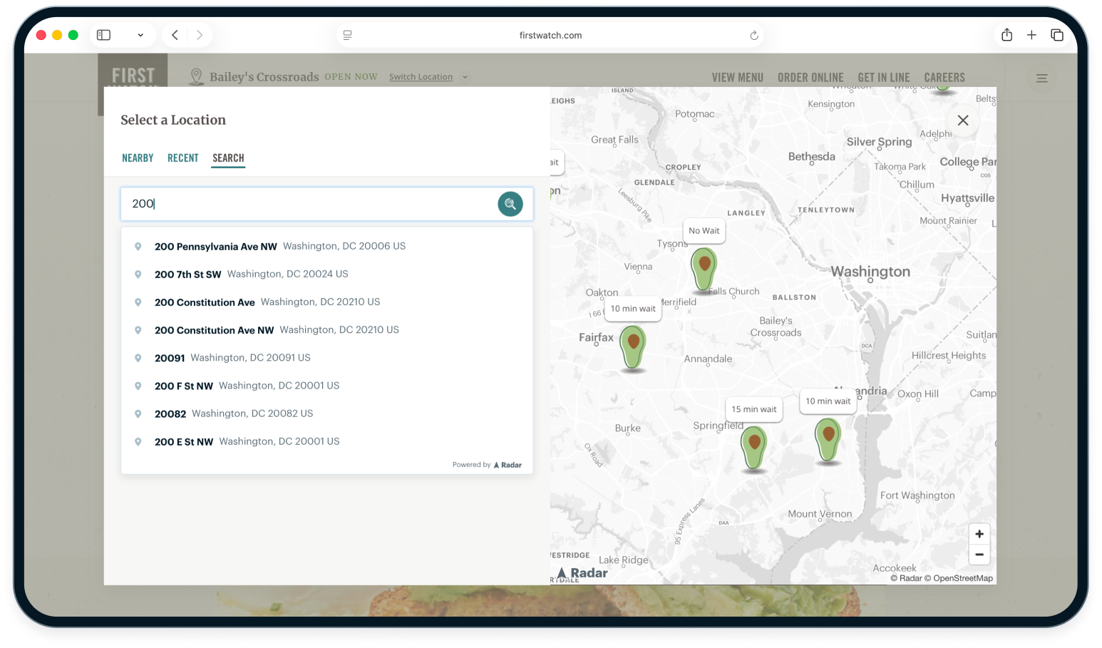 First Watch Restaurants store locator and address autocomplete