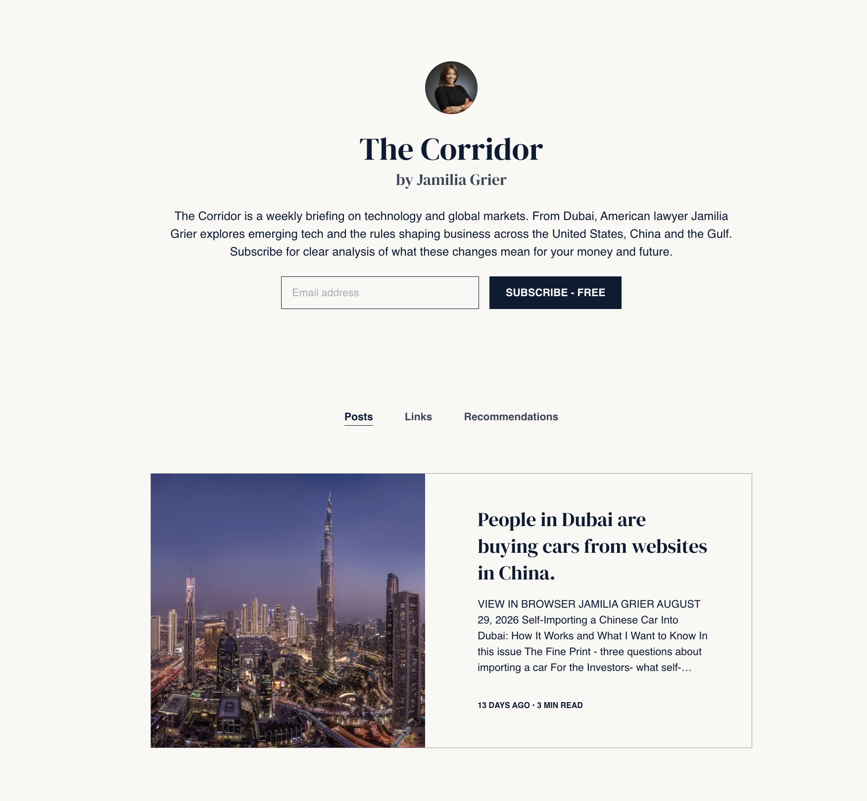 The Corridor by Jamilia Grier newsletter page featuring an issue about buying cars from China in Dubai