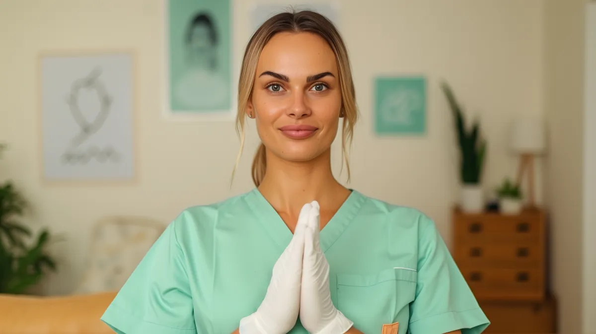 Mosolygó doktornő néz szembe a kamerával, egy fogászati rendelőben