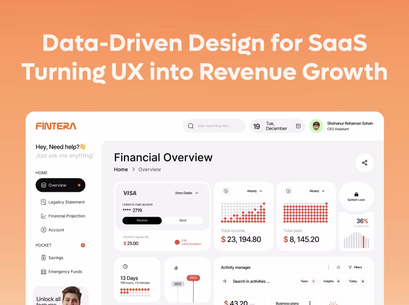 Data-driven SaaS design dashboard showing analytics metrics, conversion funnels, and revenue growth indicators
