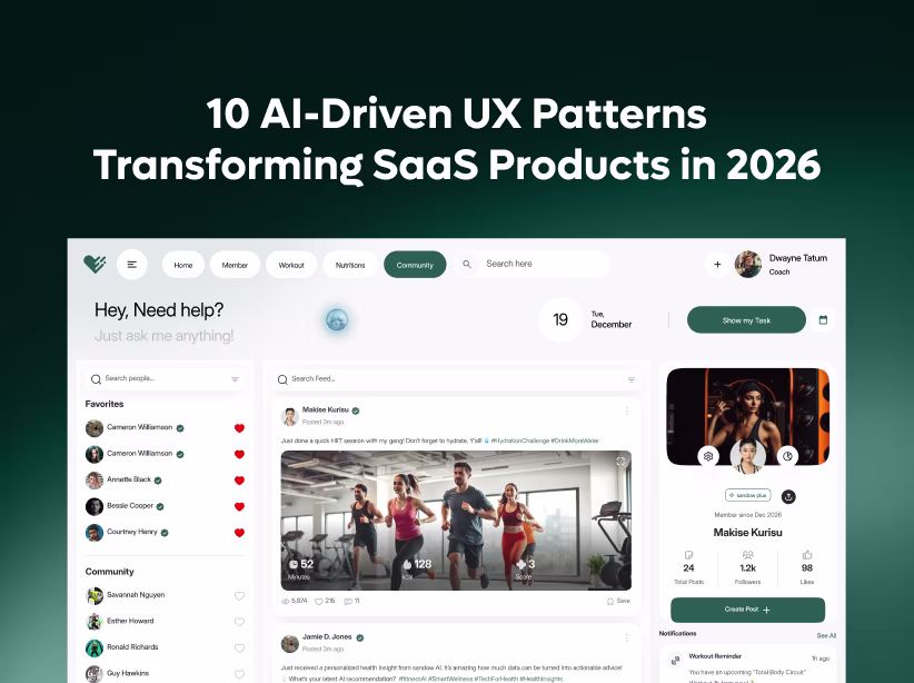 AI-driven UX patterns showing personalized interfaces, predictive suggestions, and intelligent automation transforming SaaS products in 2026