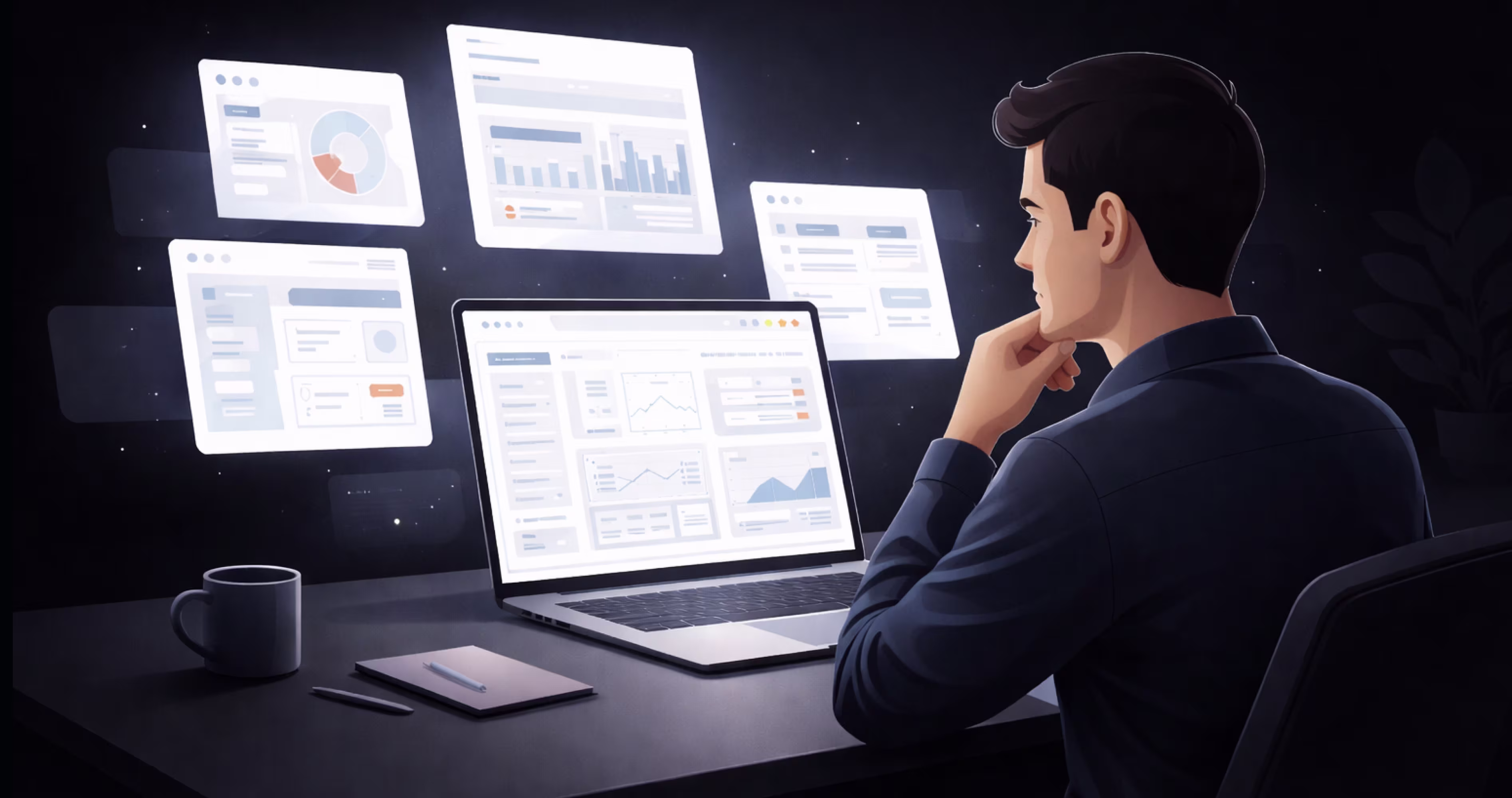 SaaS founder analyzing product dashboard interfaces before launch