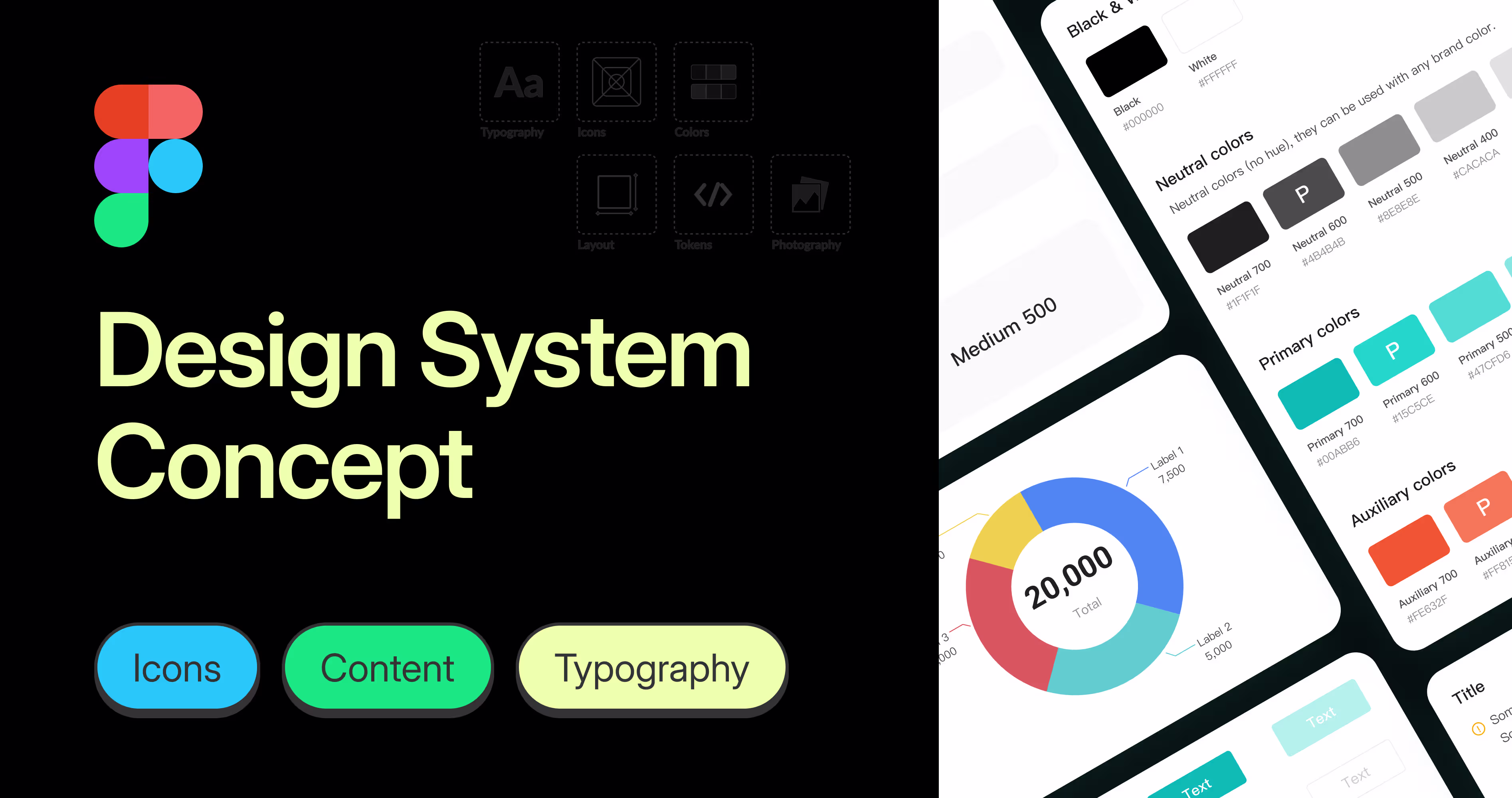 SaaS design system concept showing typography, icons, color palette and scalable UI components