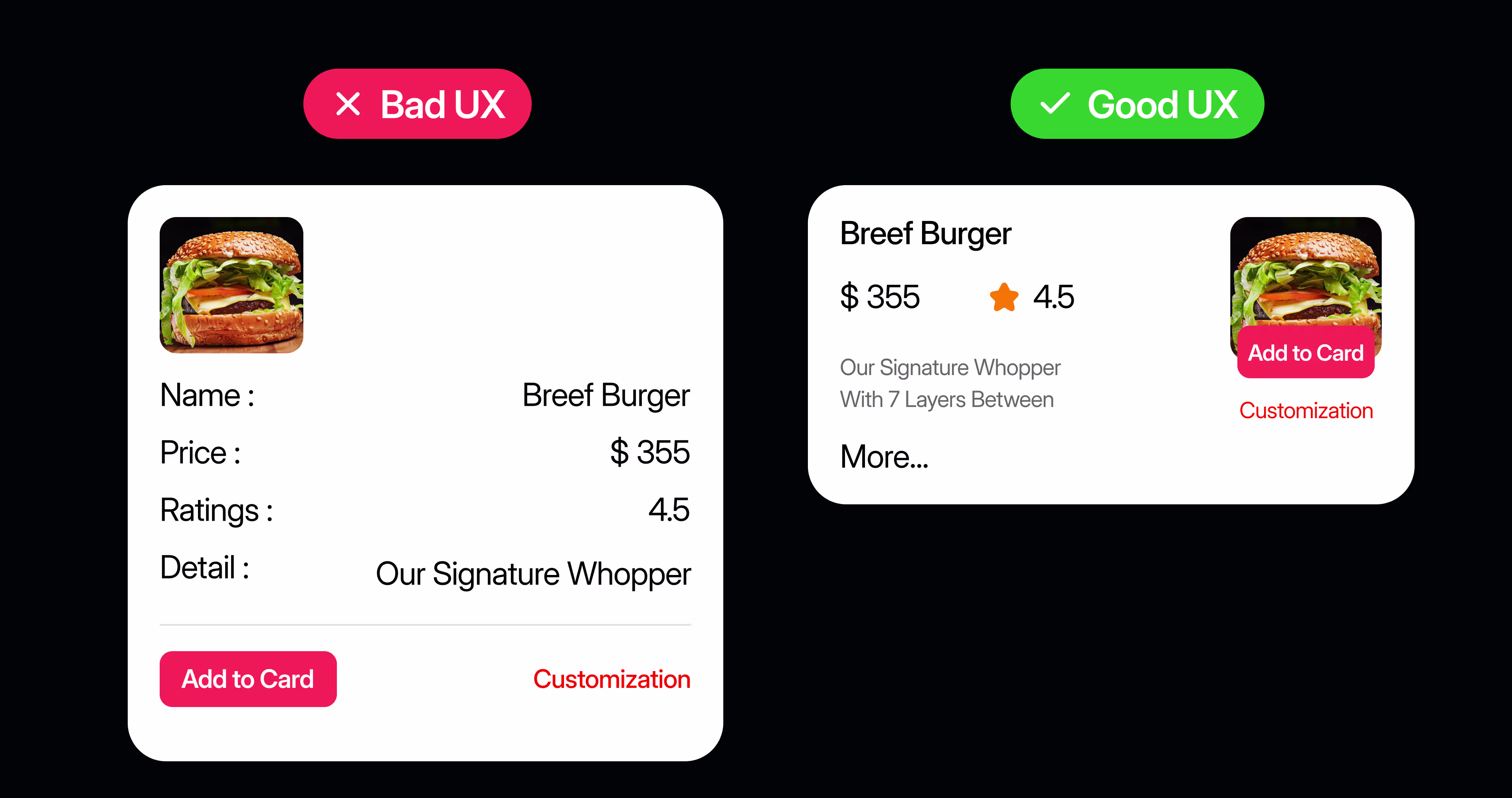 Comparison of bad UX and good UX product card layout showing improved usability and clarity