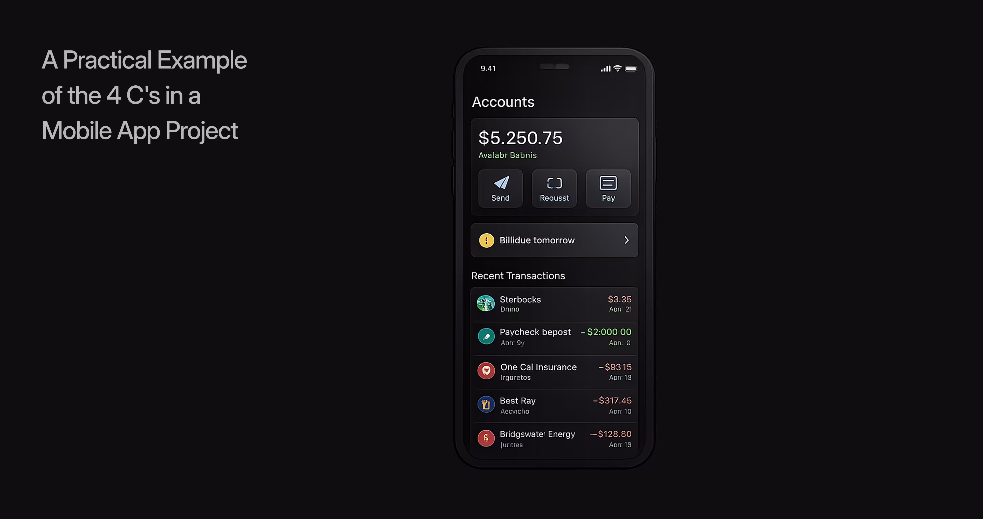 Mobile app context example showing offline state, dark mode, accessibility settings, and reminders