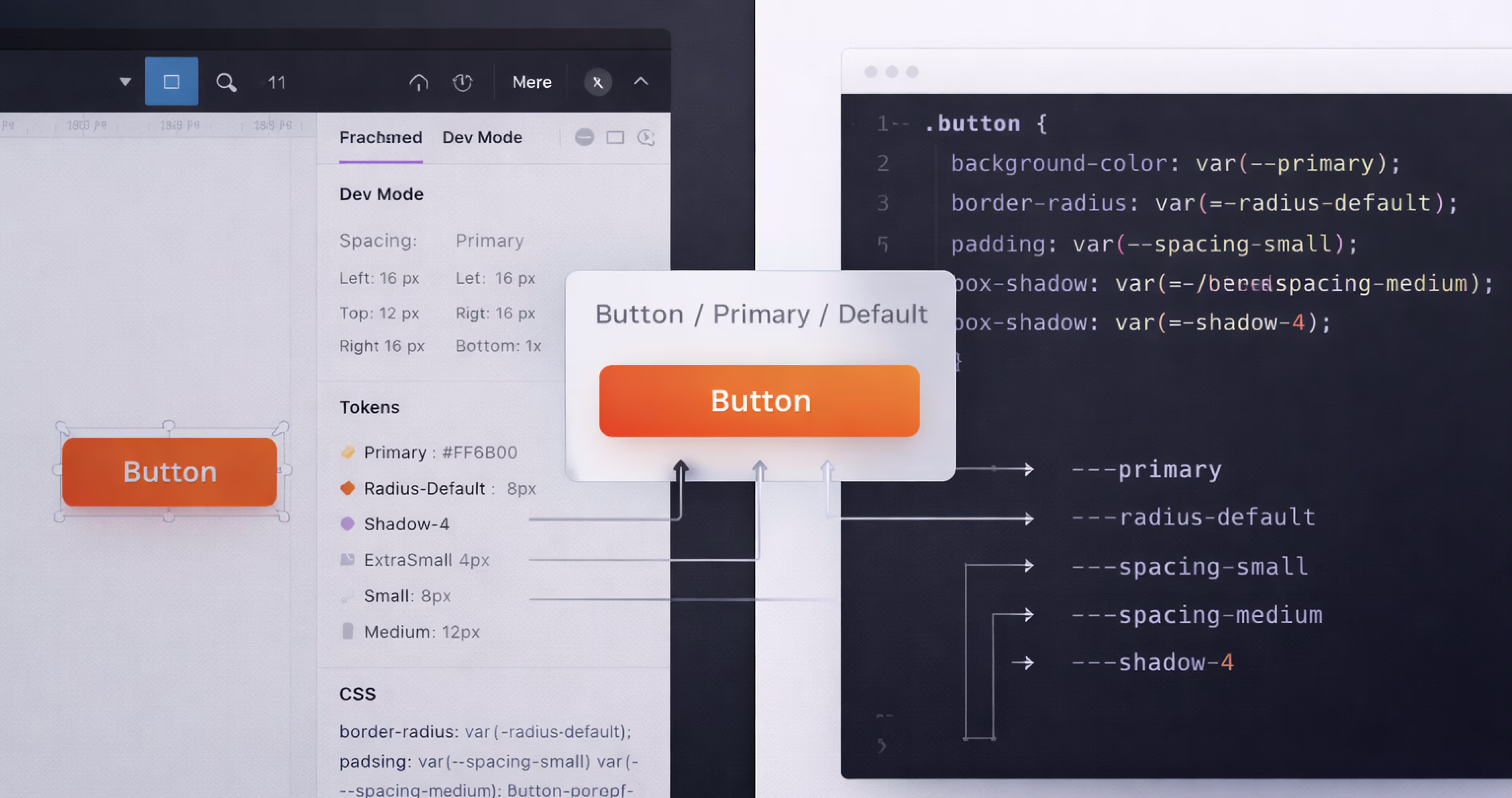 Figma Dev Mode interface showing design tokens and CSS handoff from UX design to development.