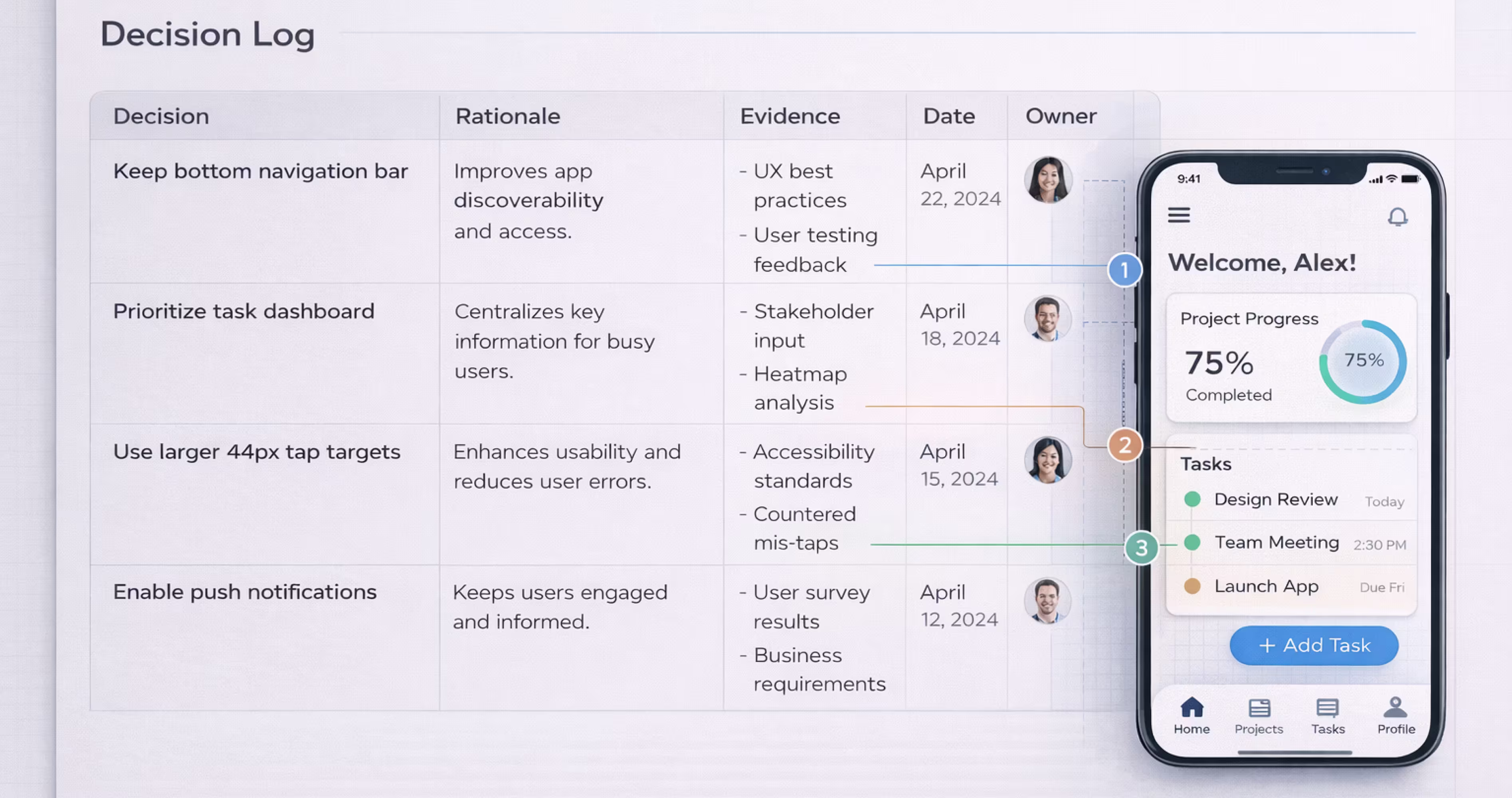 UX design decision log documenting rationale evidence date and ownership