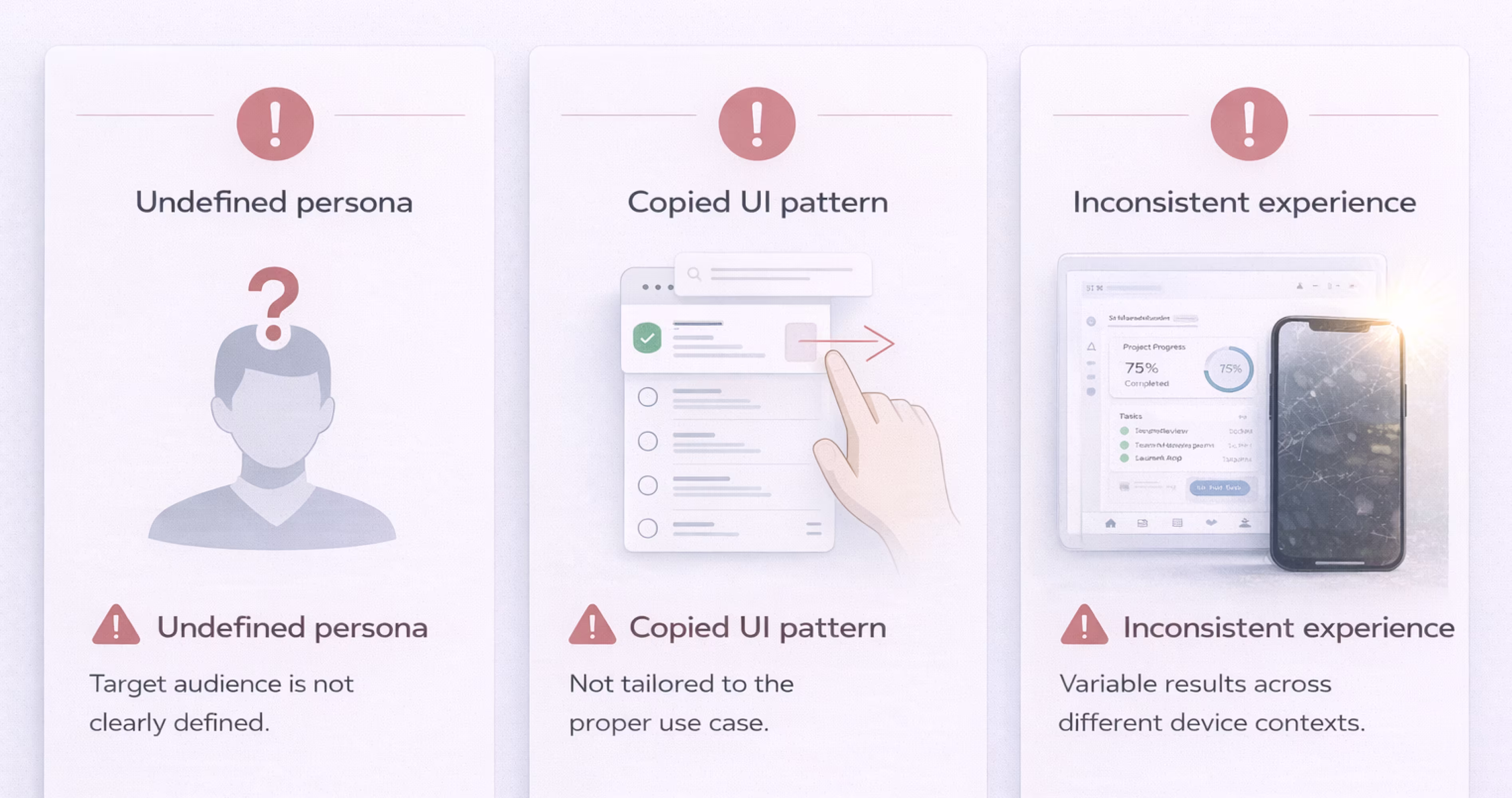 Common UX mistakes including undefined persona copied UI patterns and inconsistent experience