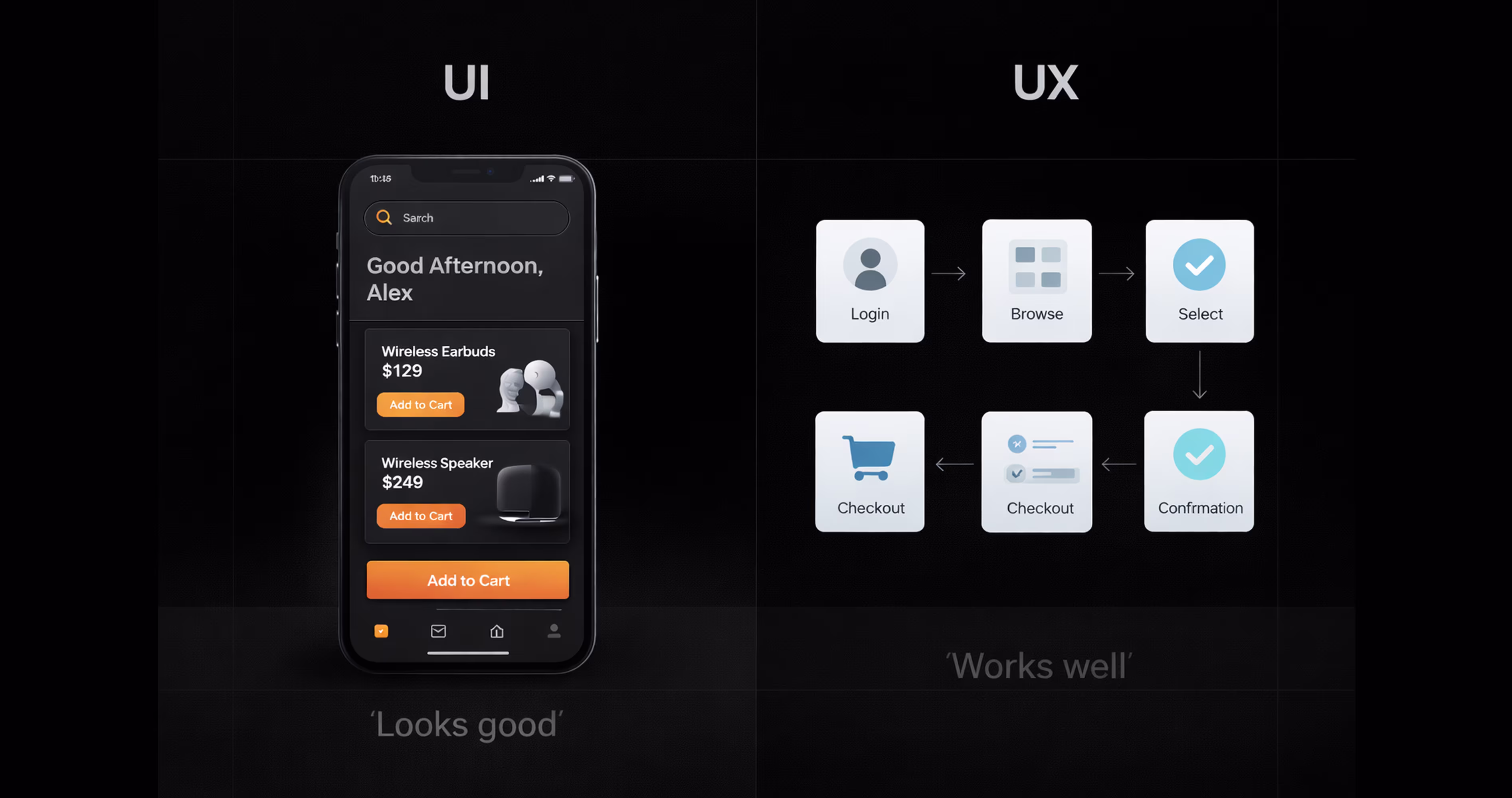 Comparison between UI design and UX design showing visual interface versus overall user experience