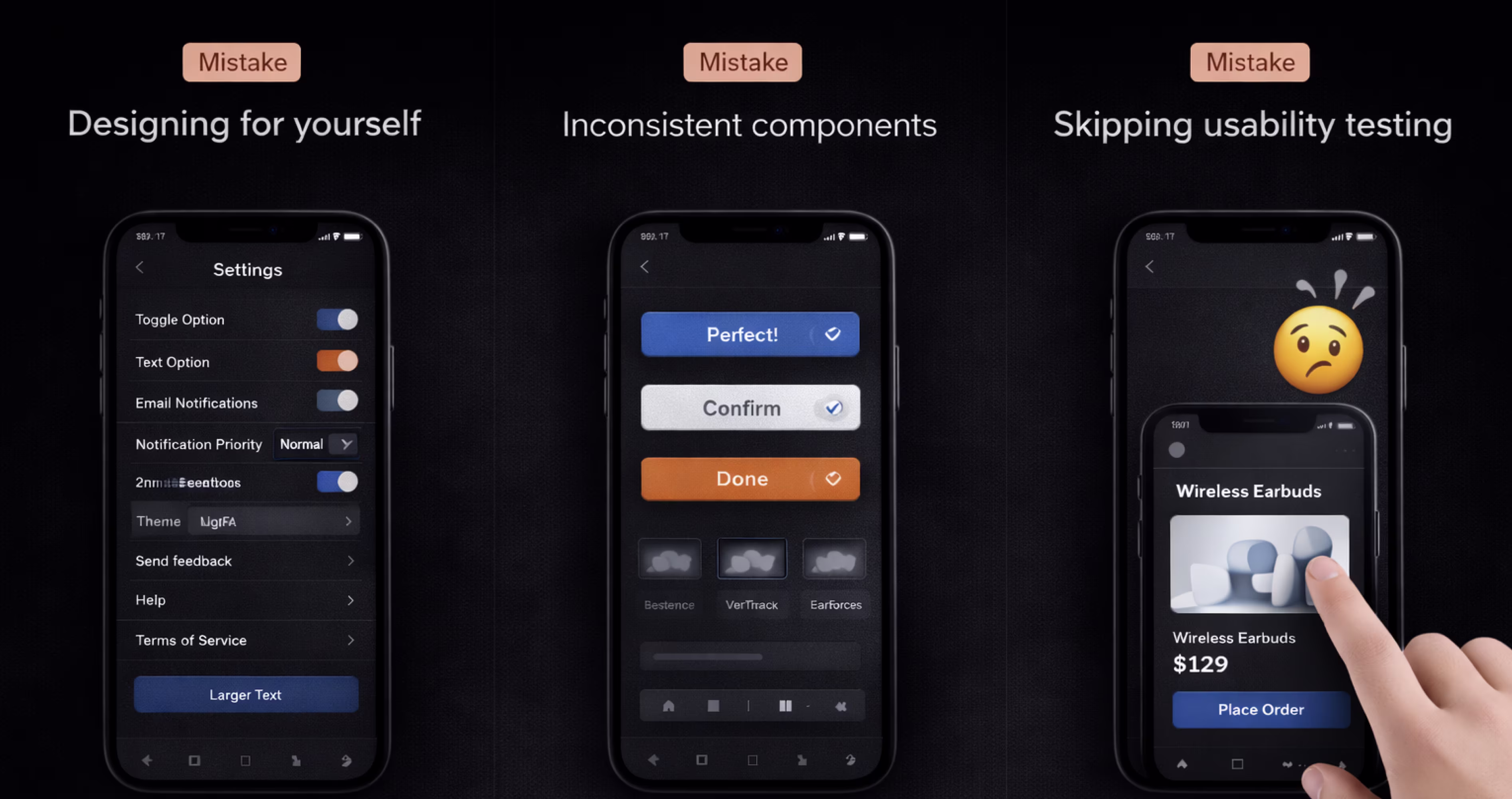 Examples of common UX design mistakes including inconsistent components and lack of usability testing