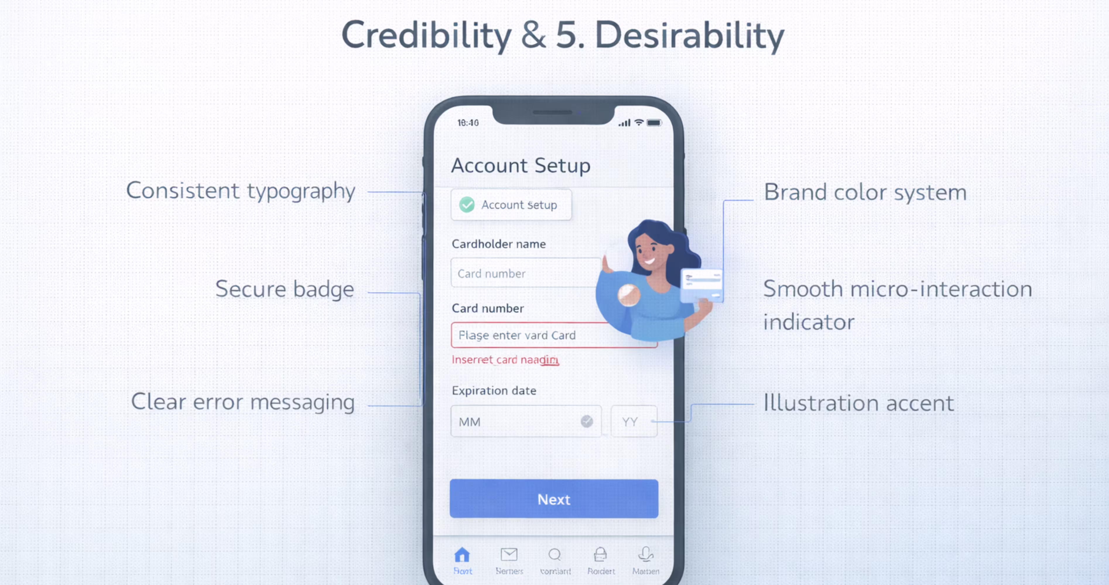 Mobile app interface demonstrating credibility through consistent typography and desirability through micro interactions