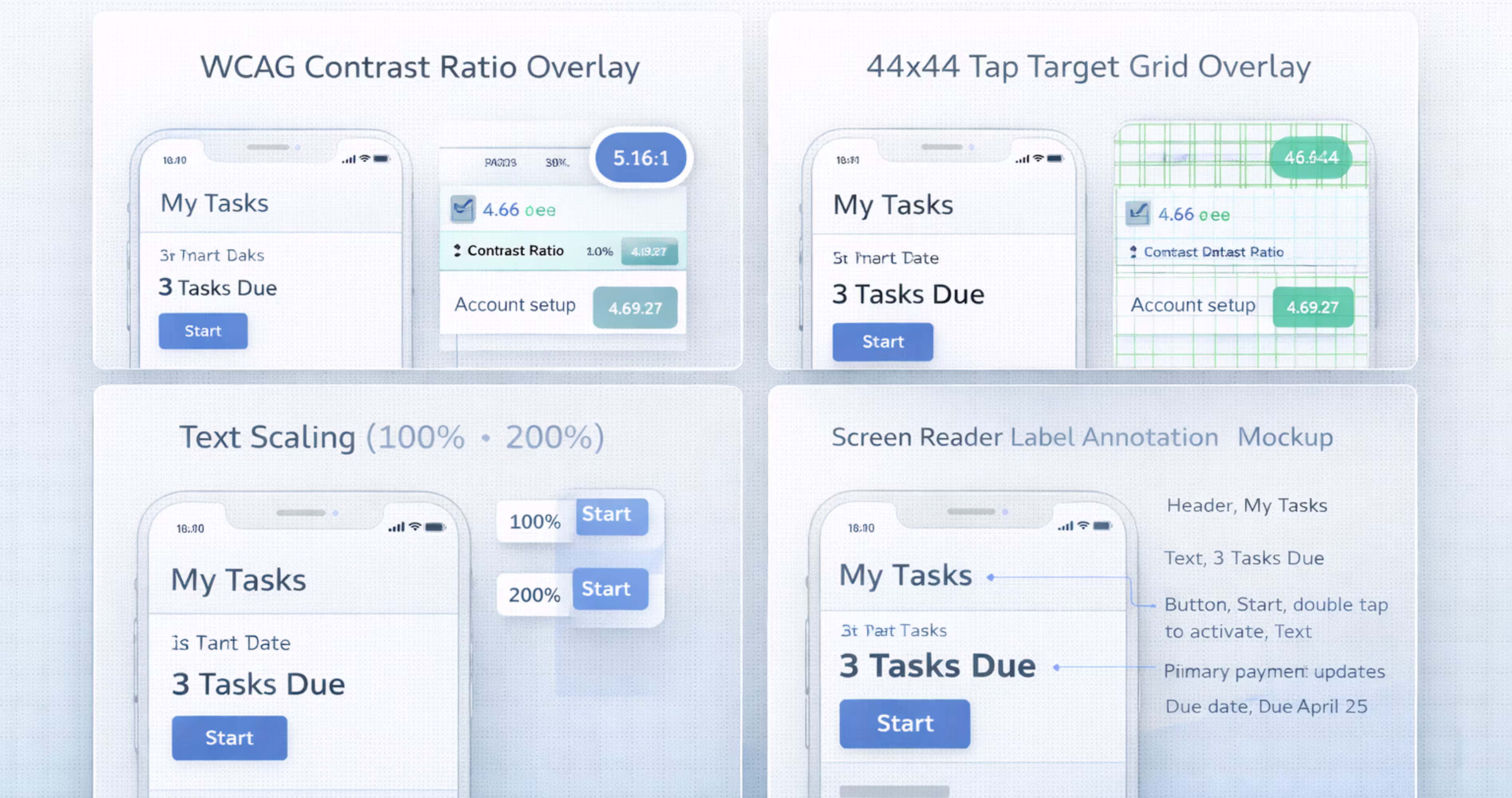Mobile app accessibility example showing WCAG contrast ratio and 44x44 tap target guidelines