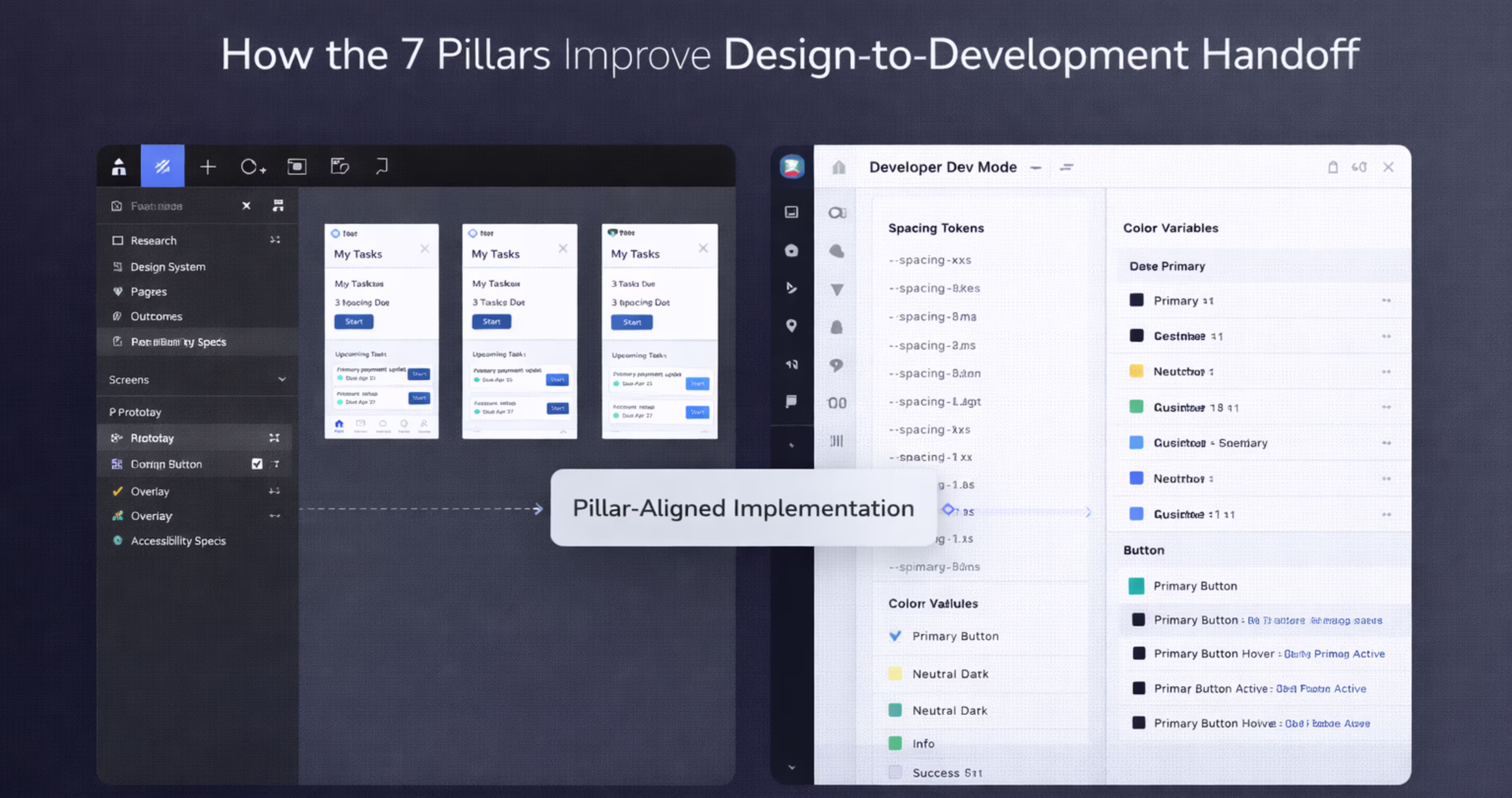 Figma Dev Mode interface showing structured design to development handoff workflow