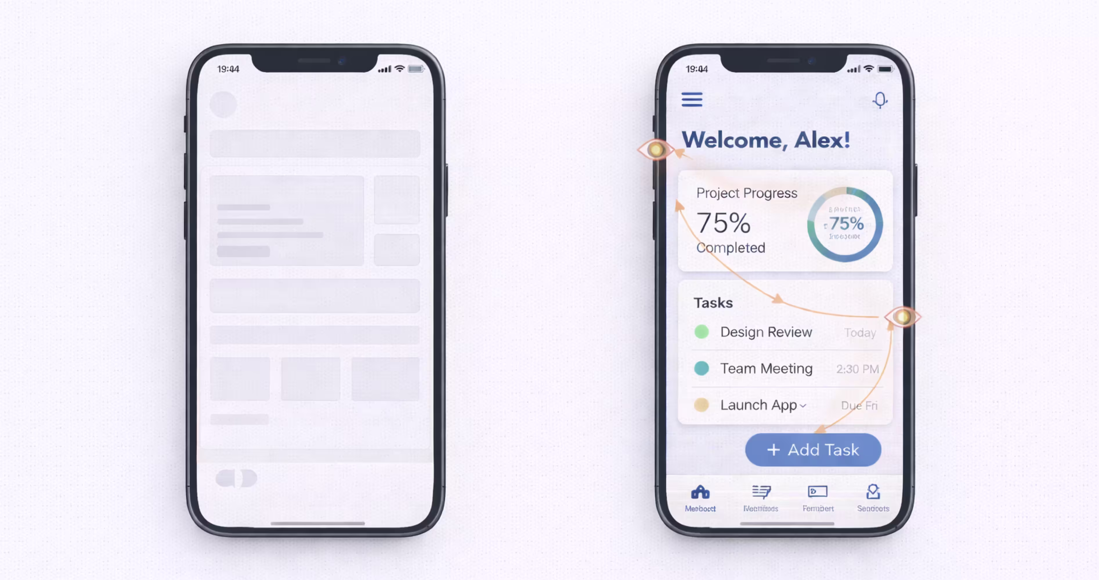 Mobile app screen comparison showing unclear layout versus clear hierarchy within three seconds