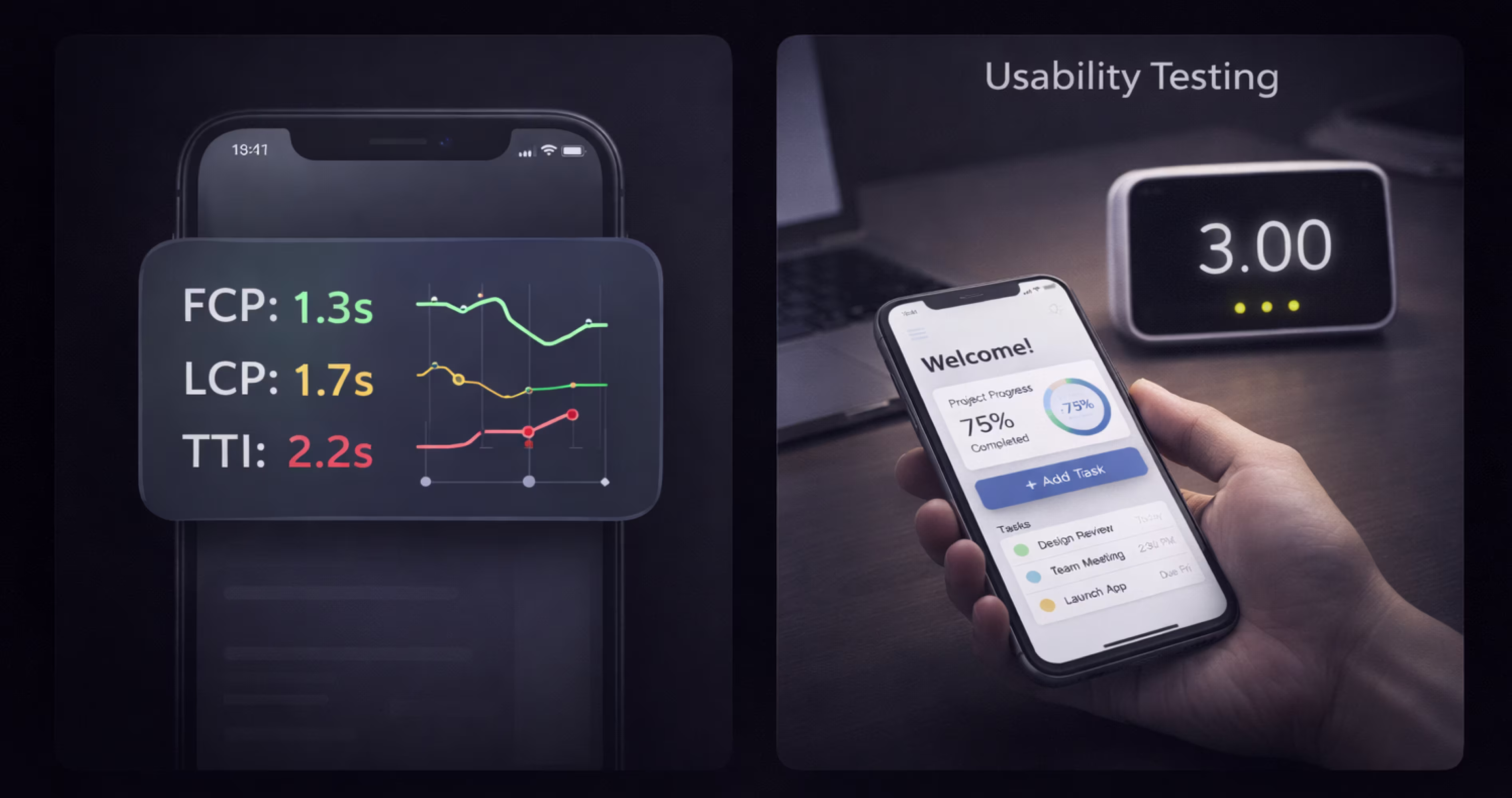 Mobile usability testing session measuring three second interaction threshold