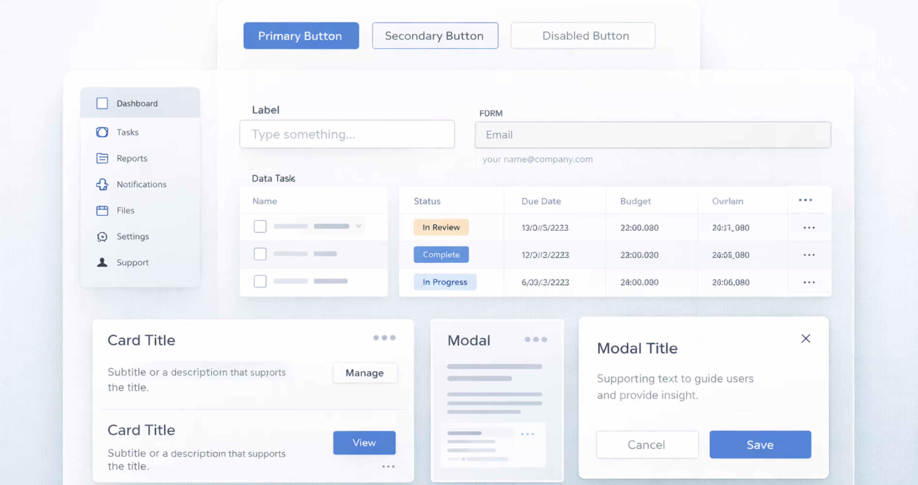 SaaS design system component library with buttons inputs navigation and layout elements