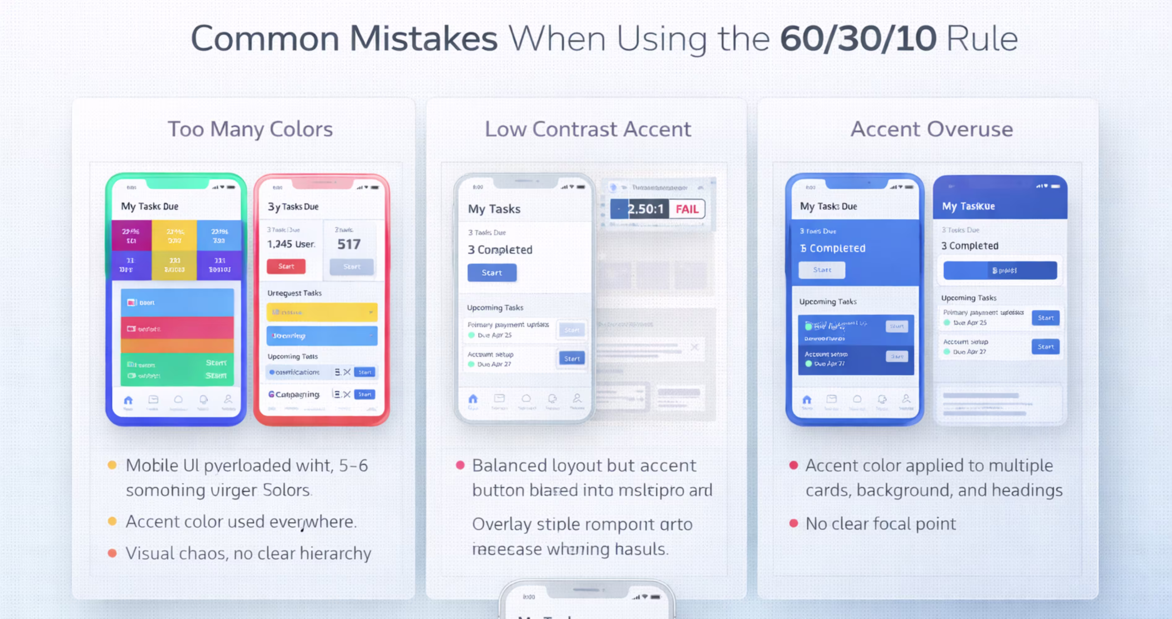 Examples of common mistakes when applying the 60 30 10 color rule including too many colors low contrast accent and accent overuse